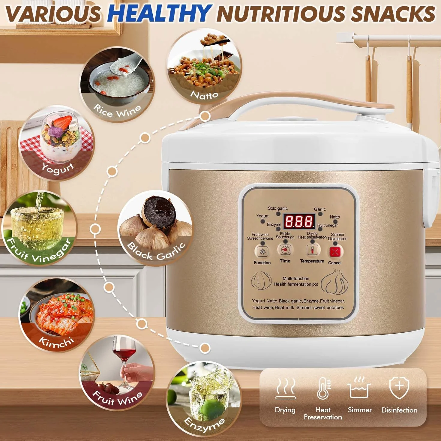 Moongiantgo 6L Fermentador de Ajo Negro, Olla Automática de Ajo, Natto, Yogur, Kimchi, Máquina Fermentadora de Vino, Cocedor de Ajo con Control Automático, Control de Tiempo y Temperatura, 220V