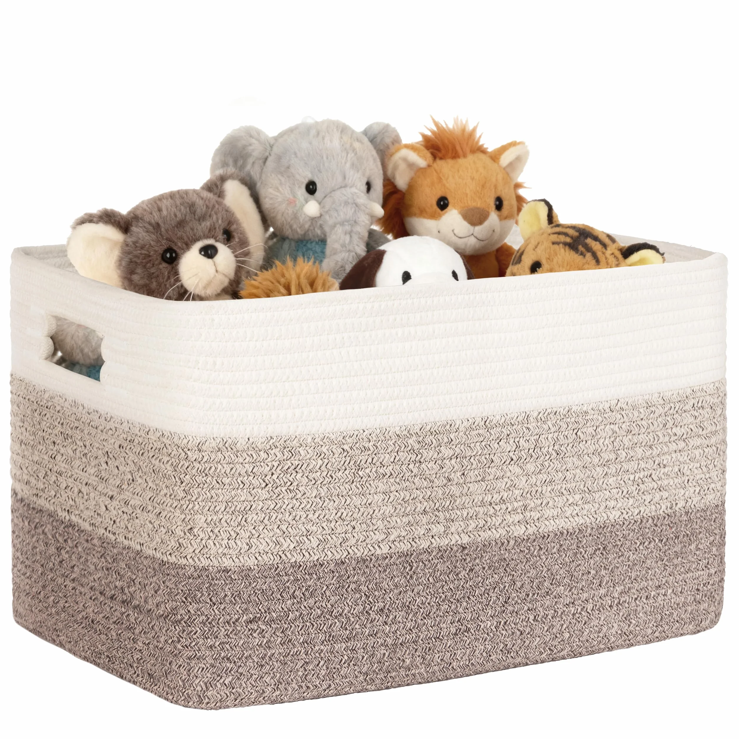 Gran organizador 86L en cuerda de algodón, cesto para juguetes, mantas, ropa, trenzado con asas, recogedor de ropa de tela para decoración de habitación infantil o salón, degradado marrón