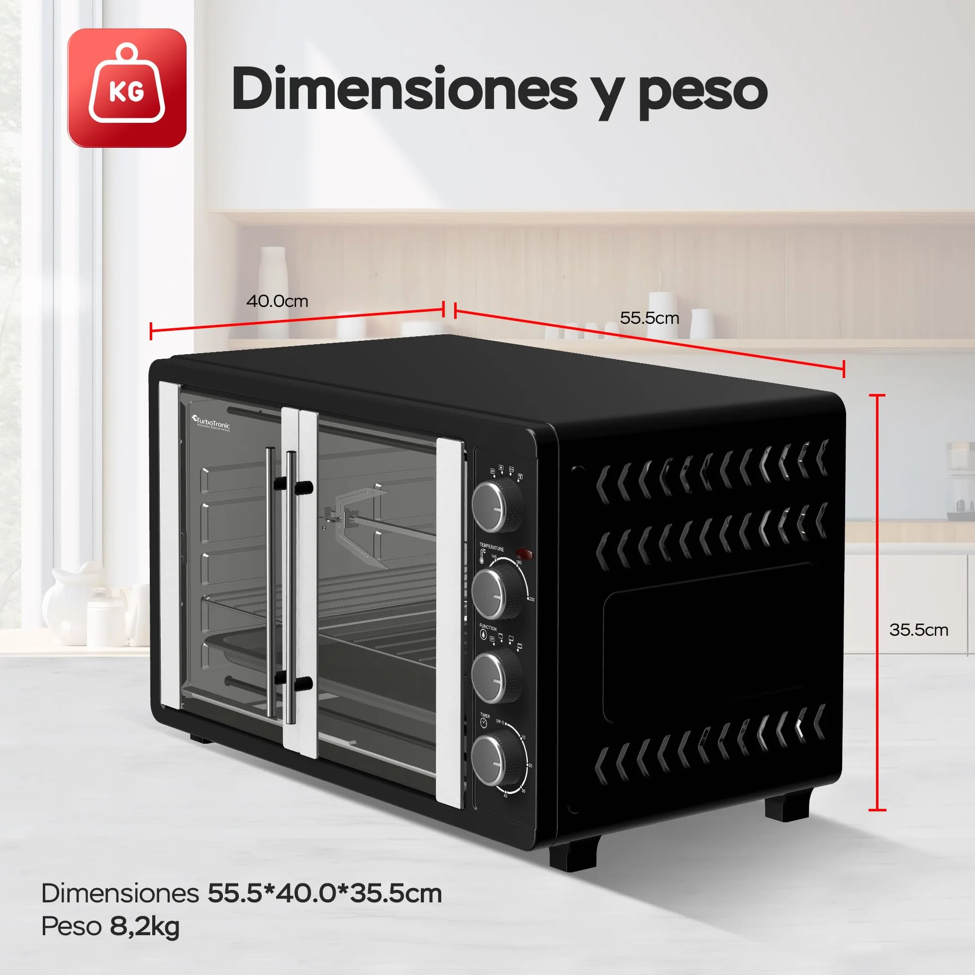 TurboTronic Mini horno con recirculación de aire 45L 2000W negro pincho giratorio temporizador