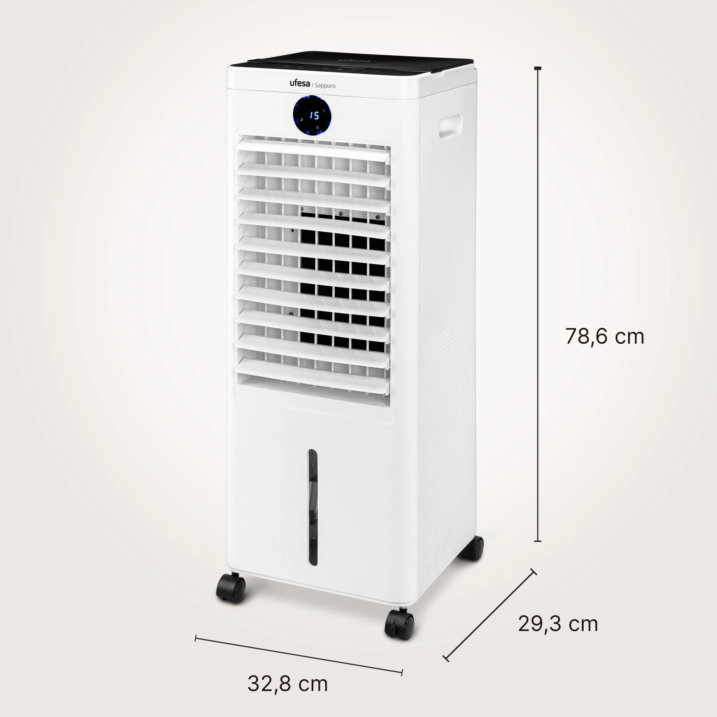 Ufesa Sapporo Climatizador Evaporativo, 100W, Función Fría y Ventilador, 3 Velocidades, 3 Modos, Panel Táctil, Depósito 12L, Temporizador 12h, Filtro Lavable, 2 Bloques de Hielo, Mando a Distancia