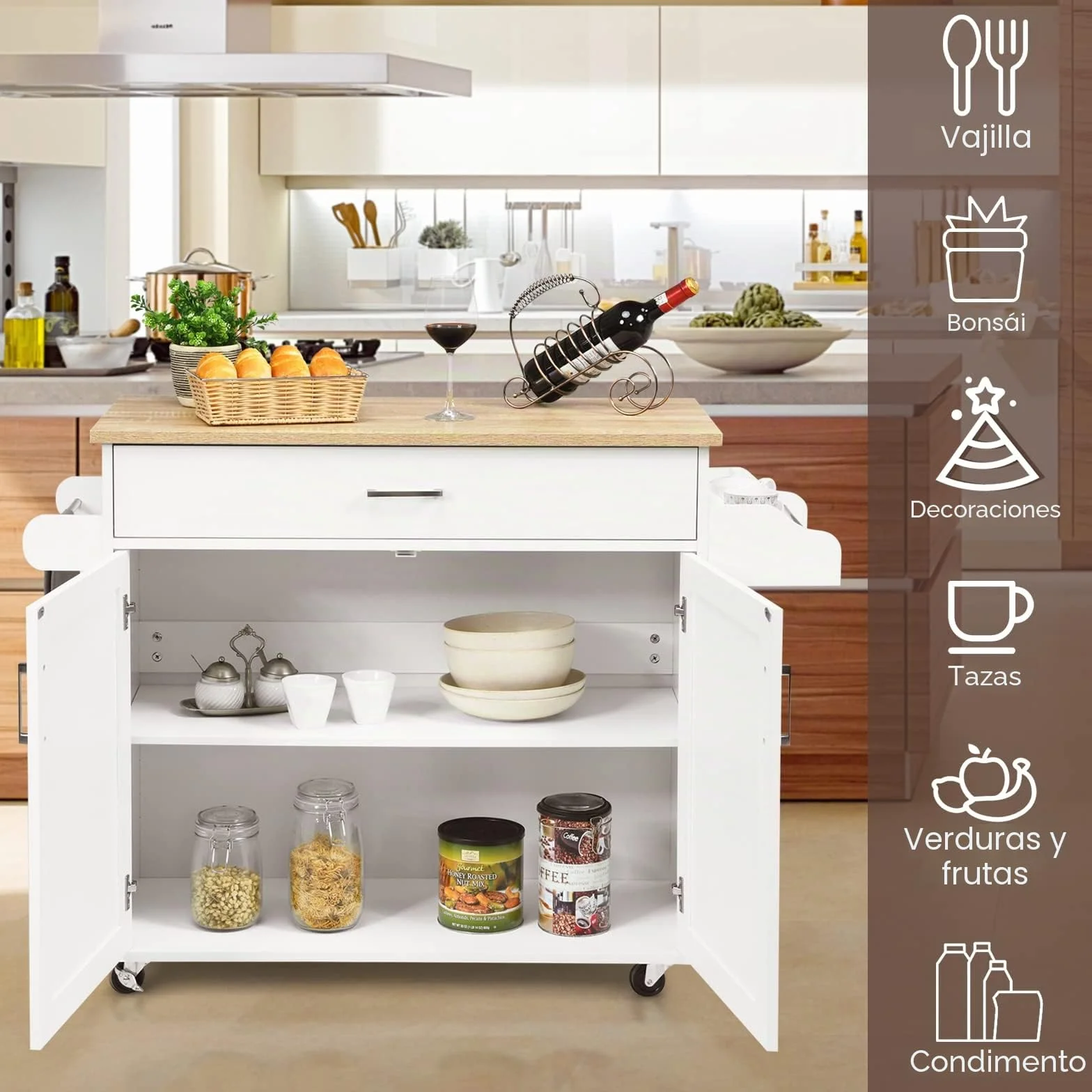 GIANTEX Isla de Cocina Móvil con Ruedas, Carro de Cocina con Cajón, Armario, Estante Lateral para Especias y Toallero, Mueble Auxiliar de Almacenamiento para Comedor (Blanco, 116x40x85cm)