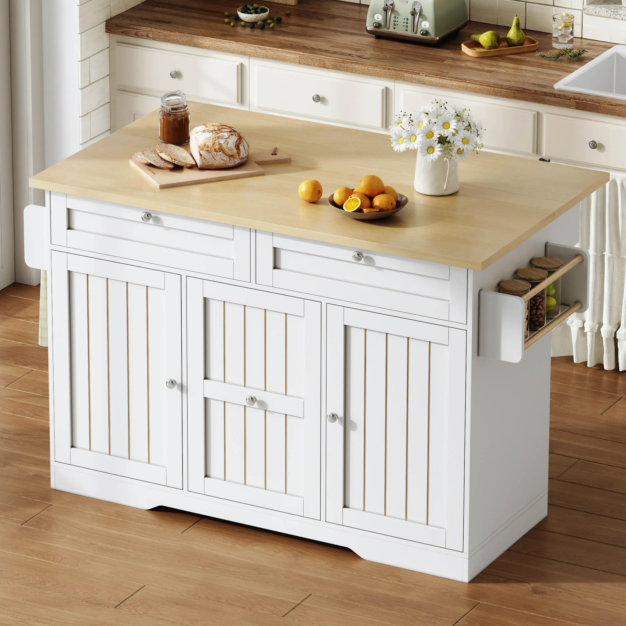 Isla Cocina con Ruedas y Encimera Plegable, Mueble Auxiliar de Cocina con 3 Cajones y 2 Puertas, Isla de Cocina con Estante para Condimentos y Toallero, 137x45-70x92 cm, Natural+Blanco