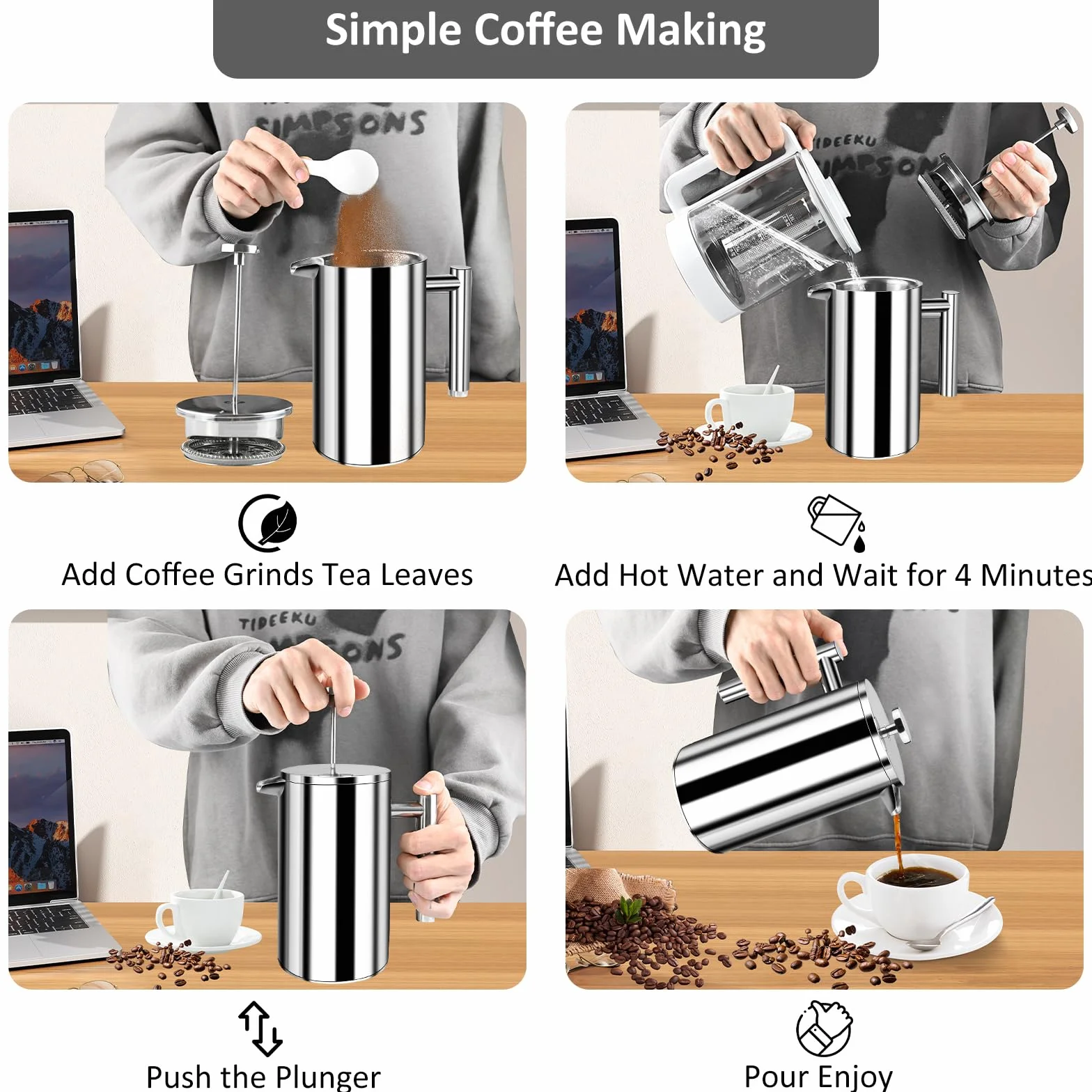 Cafetera de acero inoxidable, 800 ml, prensa francesa, sistema de aislamiento de doble pared con construcción de dos capas, gran capacidad, ideal para regalar a los amantes