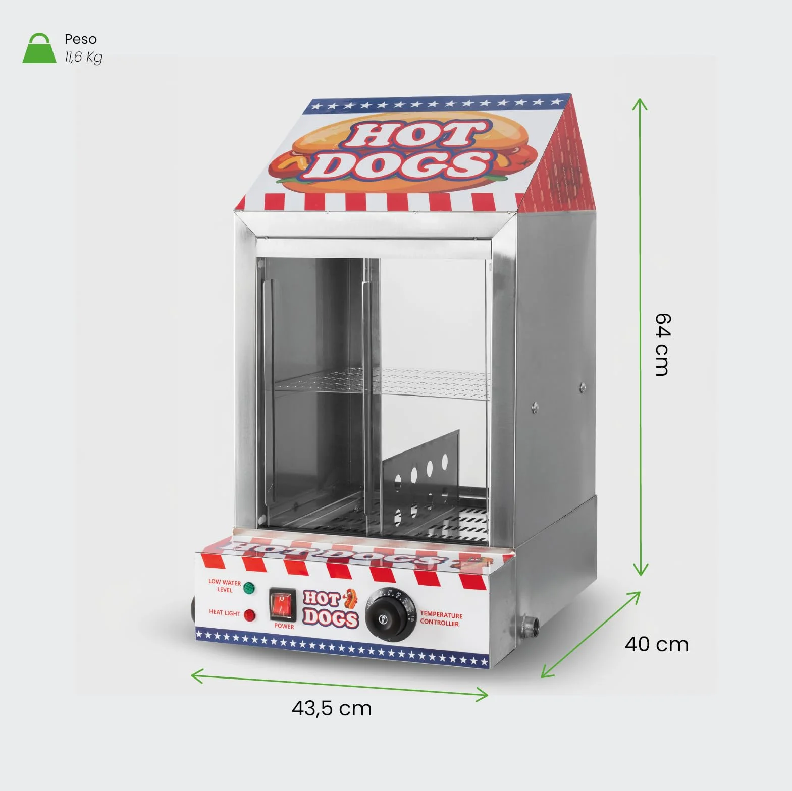 Máquina de Hot Dogs Acero Inoxidable 200 Salchichas 50 Panecillos Bandejas Extraíbles Válvula Drenaje