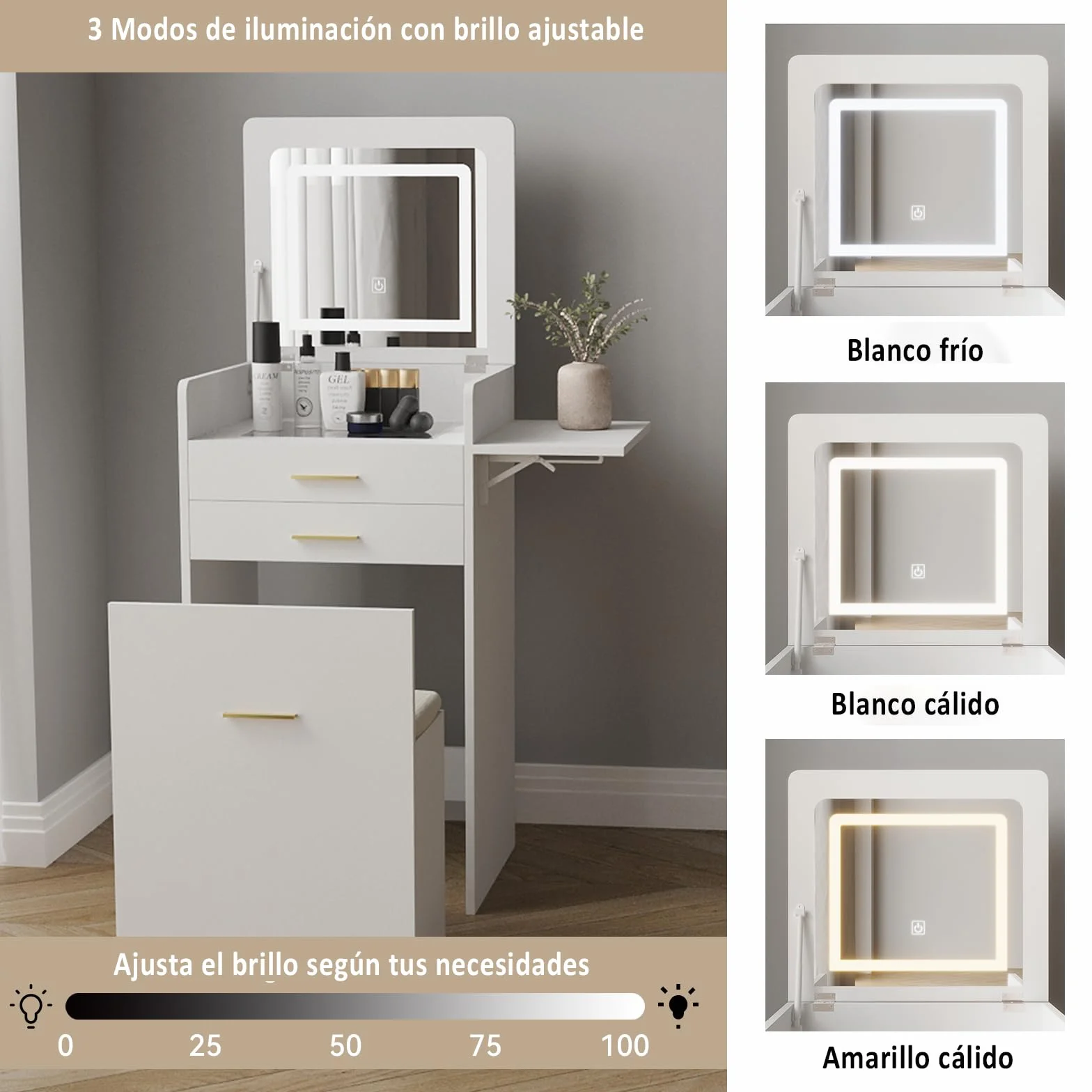 YU YUSING Tocador 3 en 1 con Espejo Abatible, Tocador con Taburete