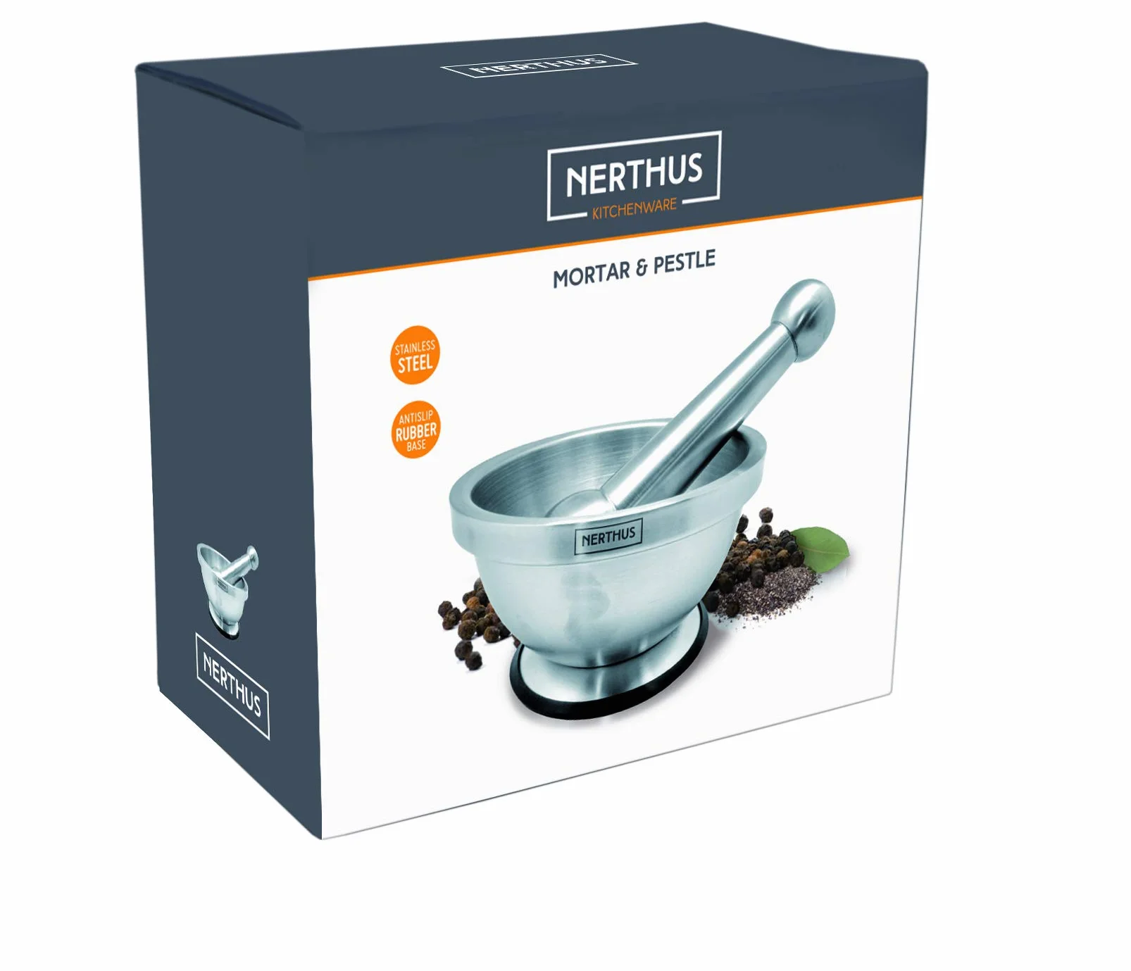 NERTHUS FIH 020 - Mortero de Mano para Especias de Acero Inoxidable, base Antideslizante