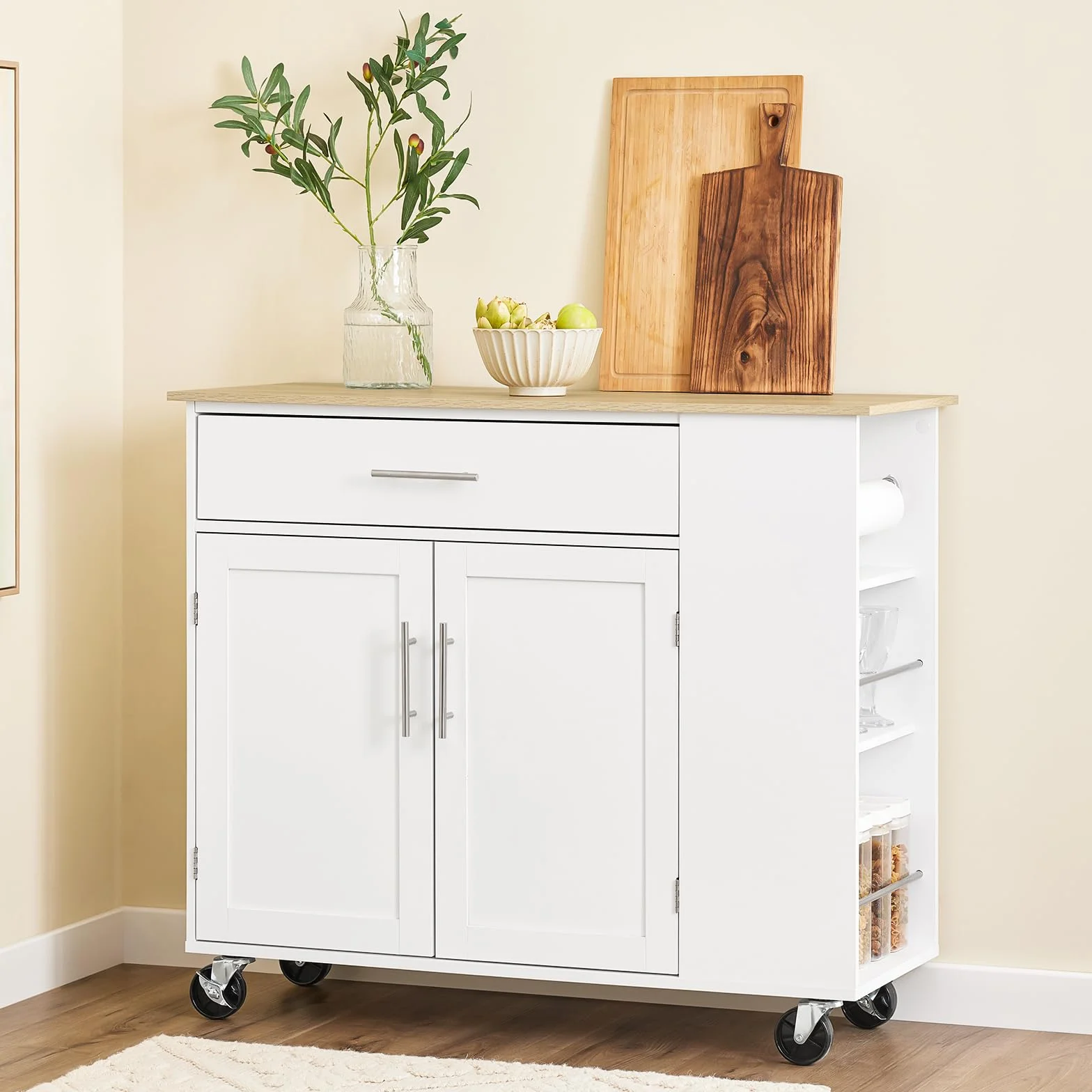 SoBuy Mueble Auxiliar de Cocina con Ruedas y Encimera – Carrito Auxiliar con Cajón y Estante Ajustable – Isla de Cocina con Ruedas, Mueble Cocina Auxiliar Blanco 99x40x85 cm FKW133-WN
