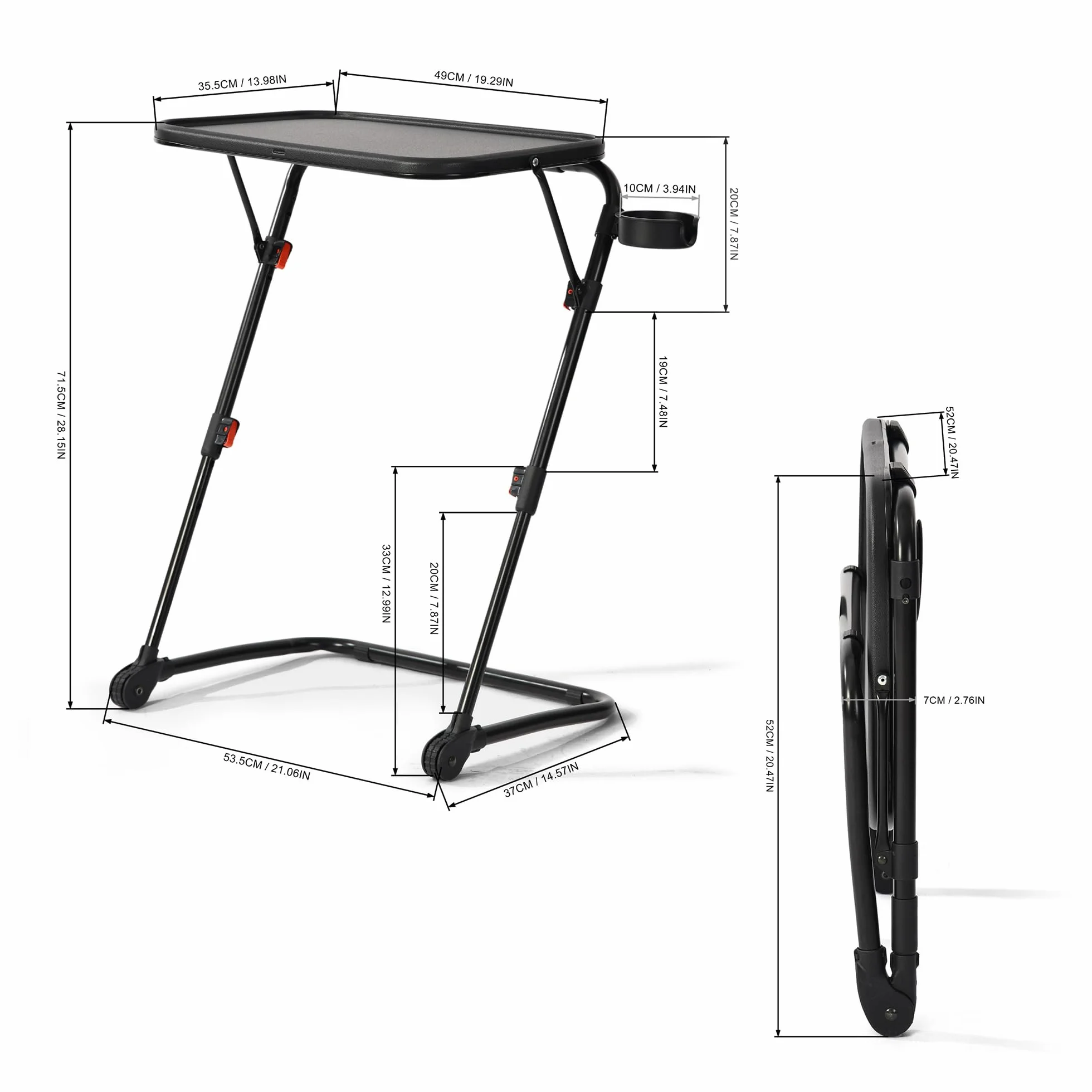 Mesa de TV Ajustable con 4 Alturas y 3 Ángulos de Inclinación, Bandejas de Cena, Portavasos, Negro