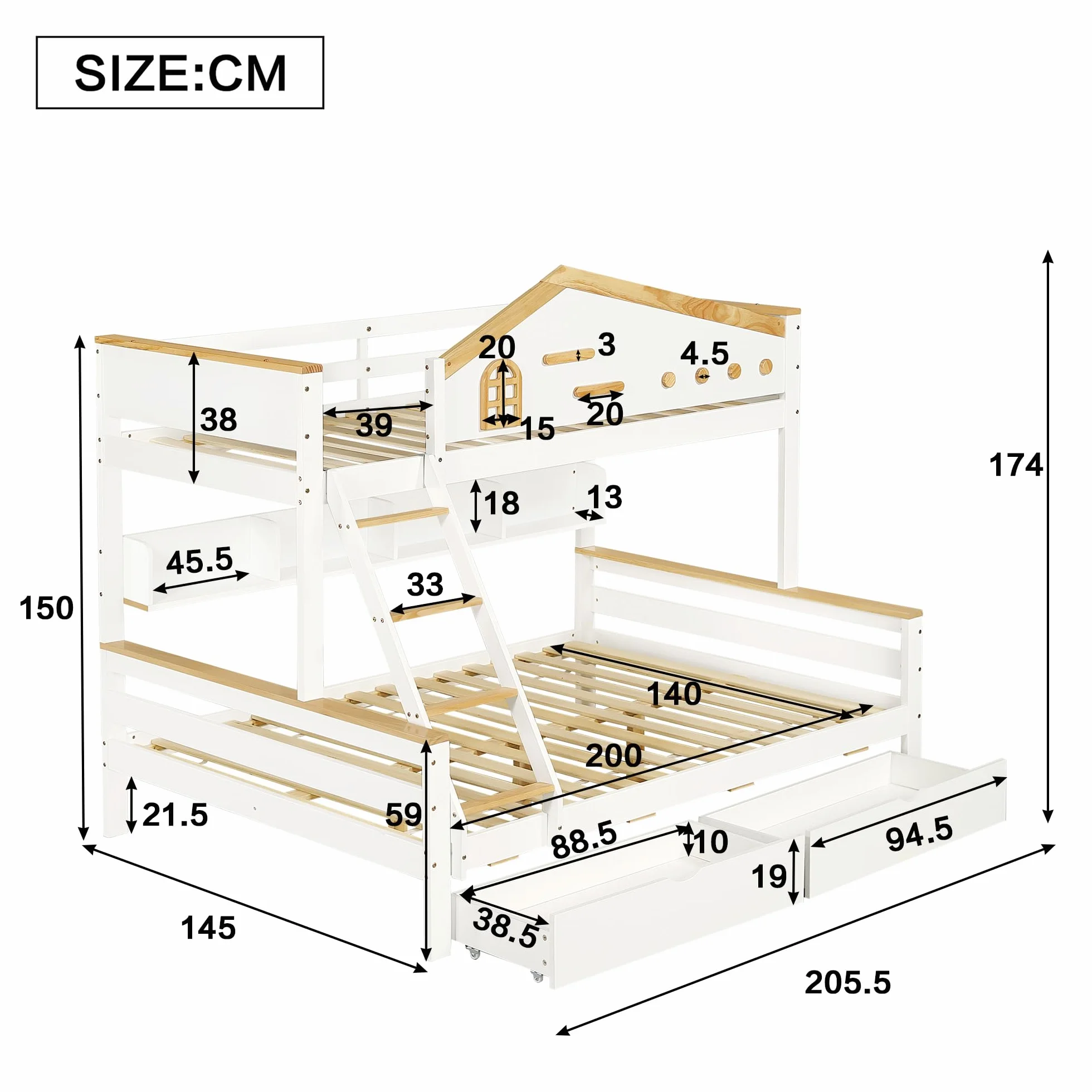 Lubvtti Litera Infantil con 2 cajones,Cama Infantil 90 x 200 cm y 140 x 200 cm,literas Juveniles con Estante Abierto,Estructura de Cama de Matrimonio de Madera Maciza, Blanco + Natural