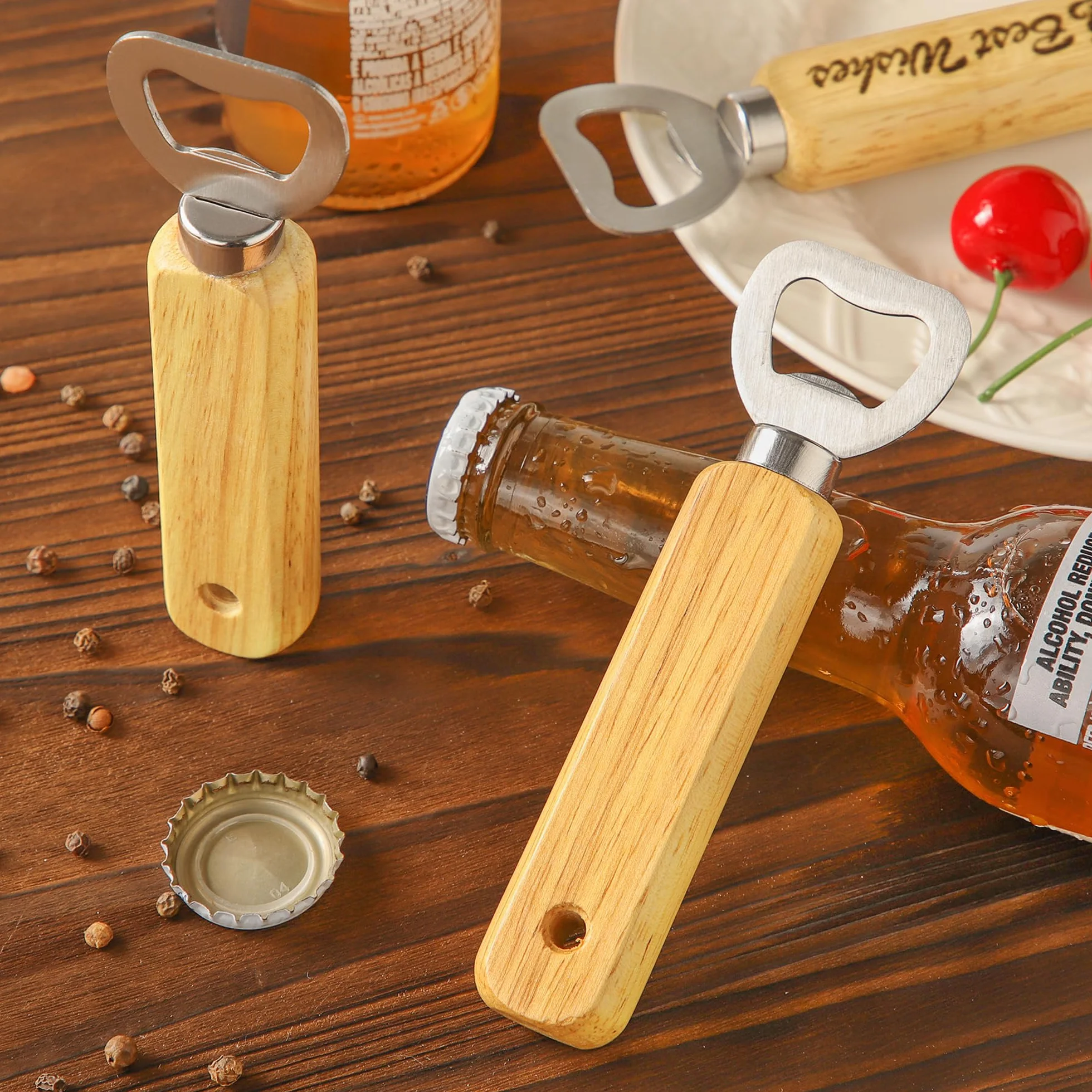 Abrebotellas de madera grabables, 6 abrebotellas de mano – Personalizados para el hogar, bar, fiestas y regalos KH1306