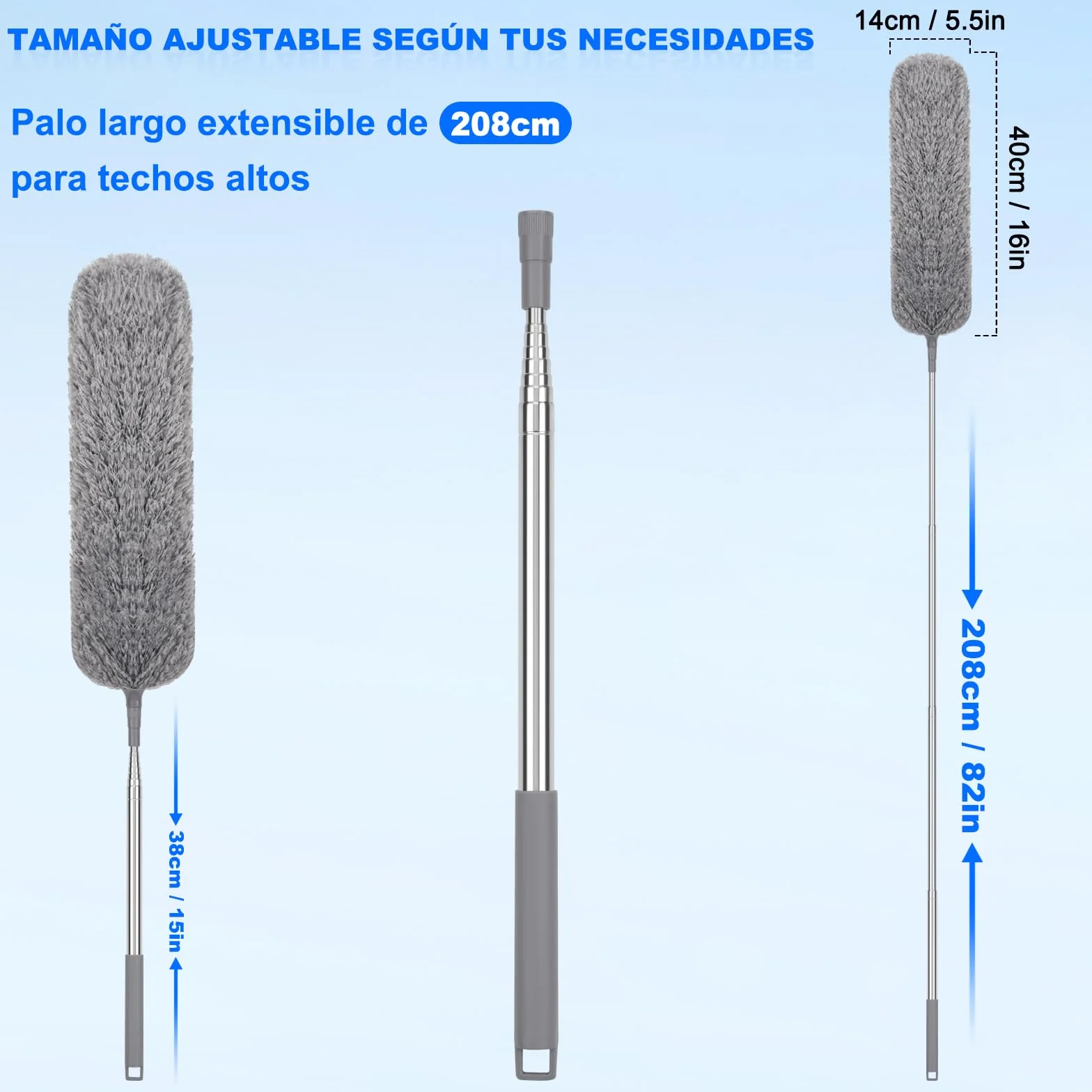 Plumero con Poste Telescópico Largo, 2 Cabezales de Microfibra Lavables, Herramienta de Limpieza Extensible para el Hogar