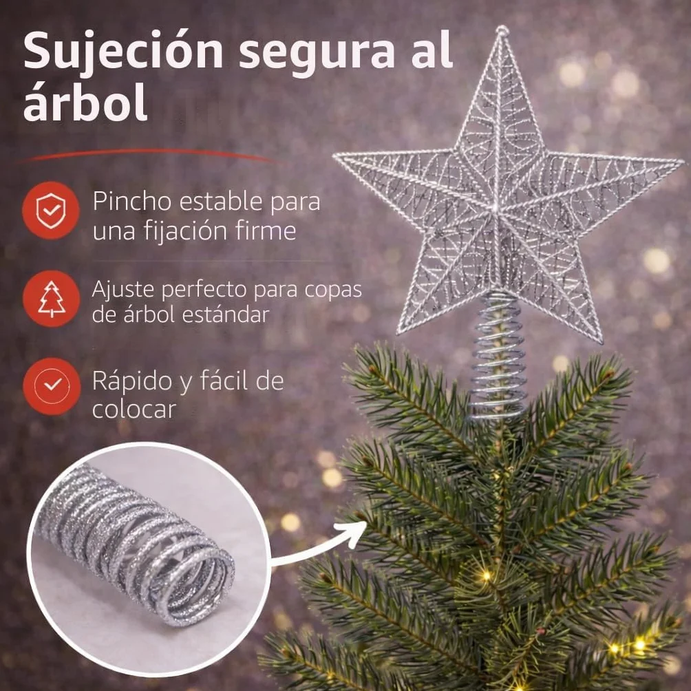 Estrella Plateado Accesorio Copa del Árbol de Navidad para Abeto