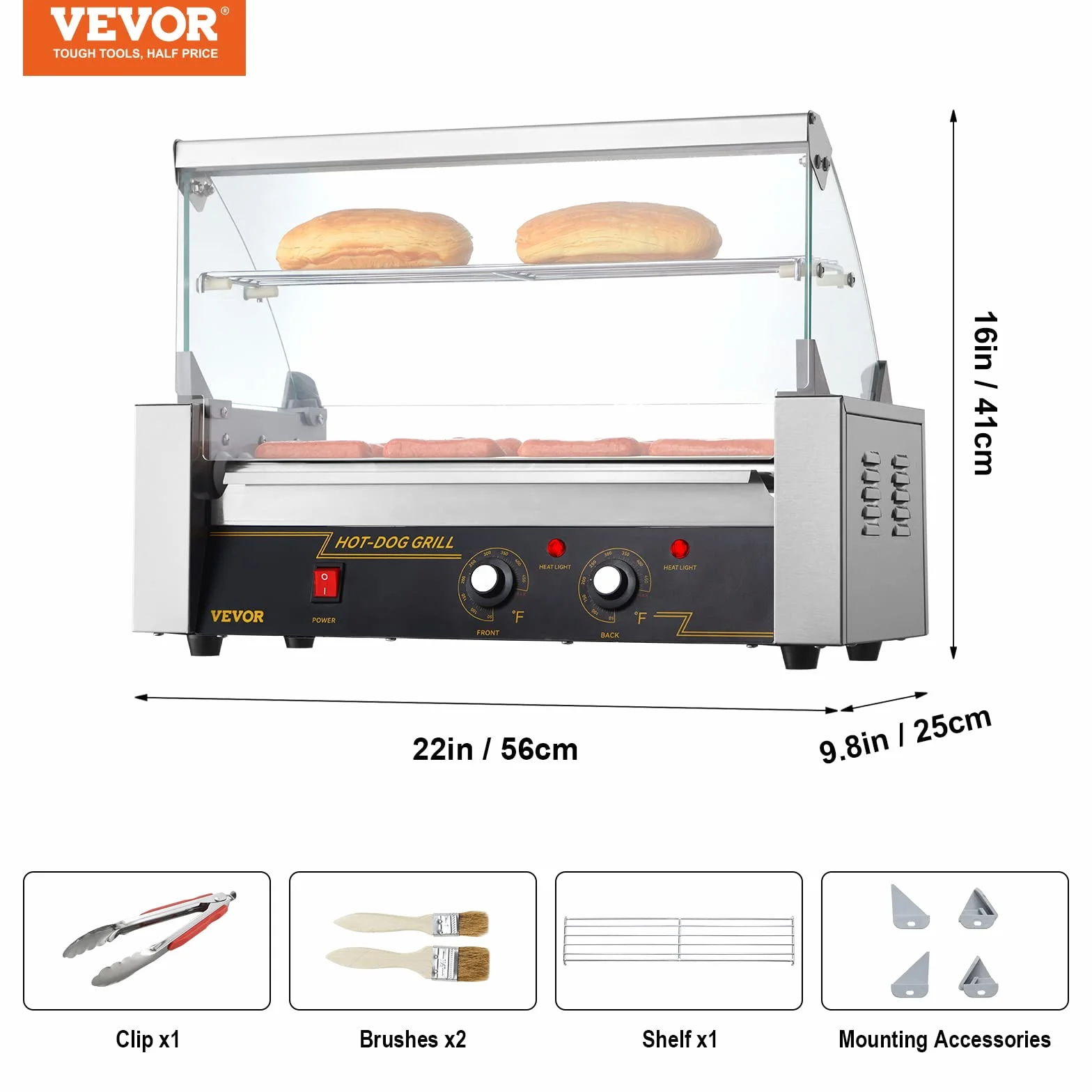 VEVOR Máquina de Rodillos para Perros Calientes de 56 x 25 x 41 cm con una Parrilla de Acero Inoxidable de Calidad Comercial, 50 °C-250 °C, 1000 W ±15%, para Puestos de Comida, Fiestas y Barbacoas
