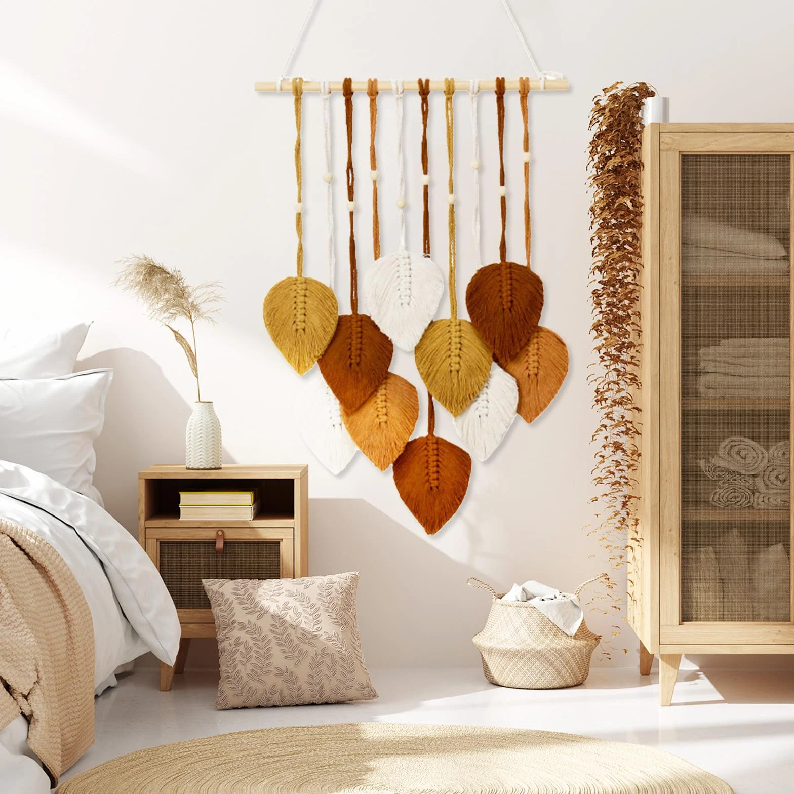Tapiz Bohemio Hecho A Mano Decoración De Pared 2PCS Colgante Tejido Con Plumas Hojas Y Cuentas De Madera