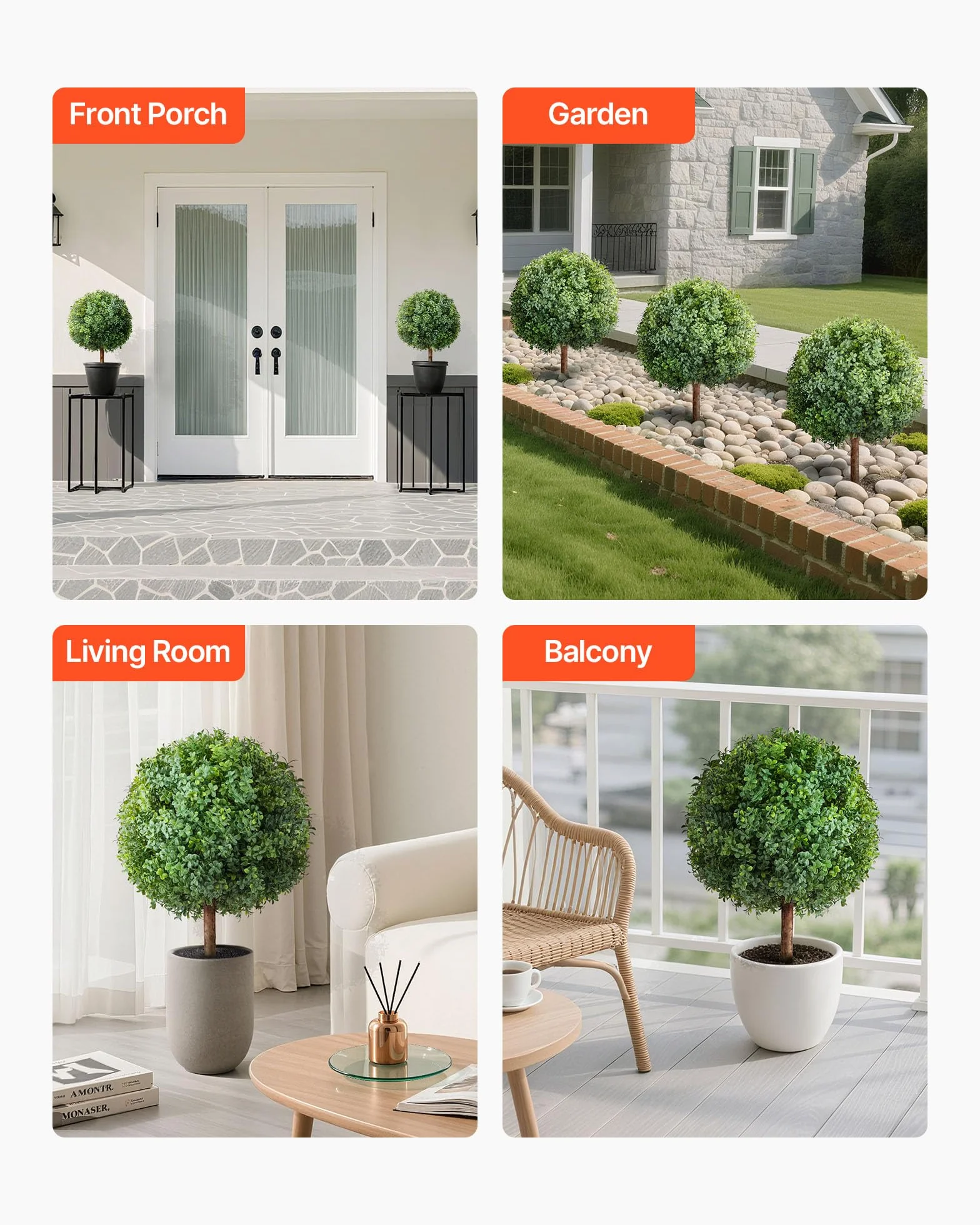 VEVOR Topiario Artificial de Boj con Estaca, Planta Decorativa, para Porche, Exterior e Interior, Patio, Jardín, Balcón y Patio Trasero, Resistente a la Intemperie, 400 x 400 x 686 mm, 2 uds,