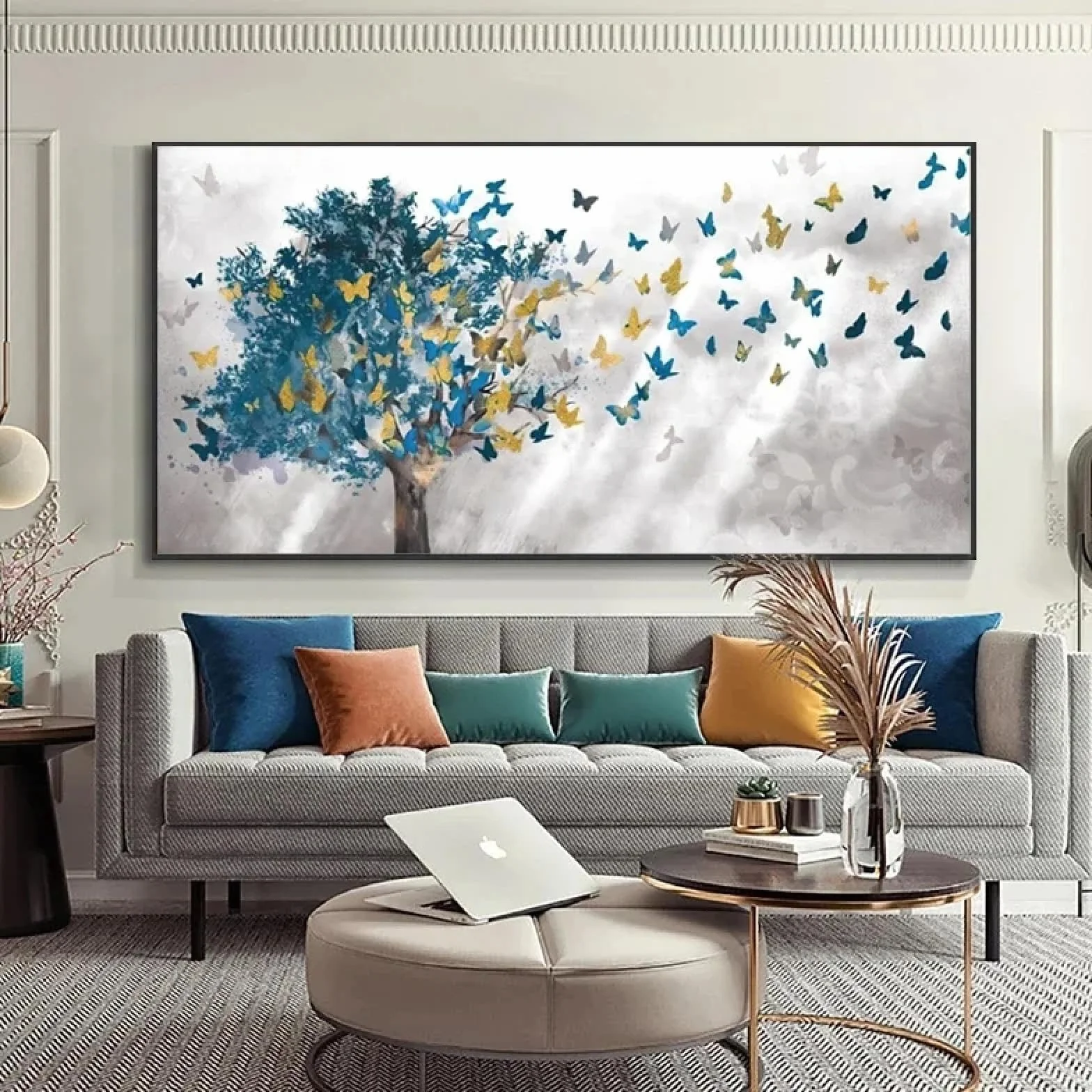 Moderno nórdico azul árbol mariposa lienzo pintura pared arte carteles impresiones cuadros de pared para sala de estar decoración de la pared del hogar 25.6 x 51.2 in (26 x 51 pulgadas) marco interno