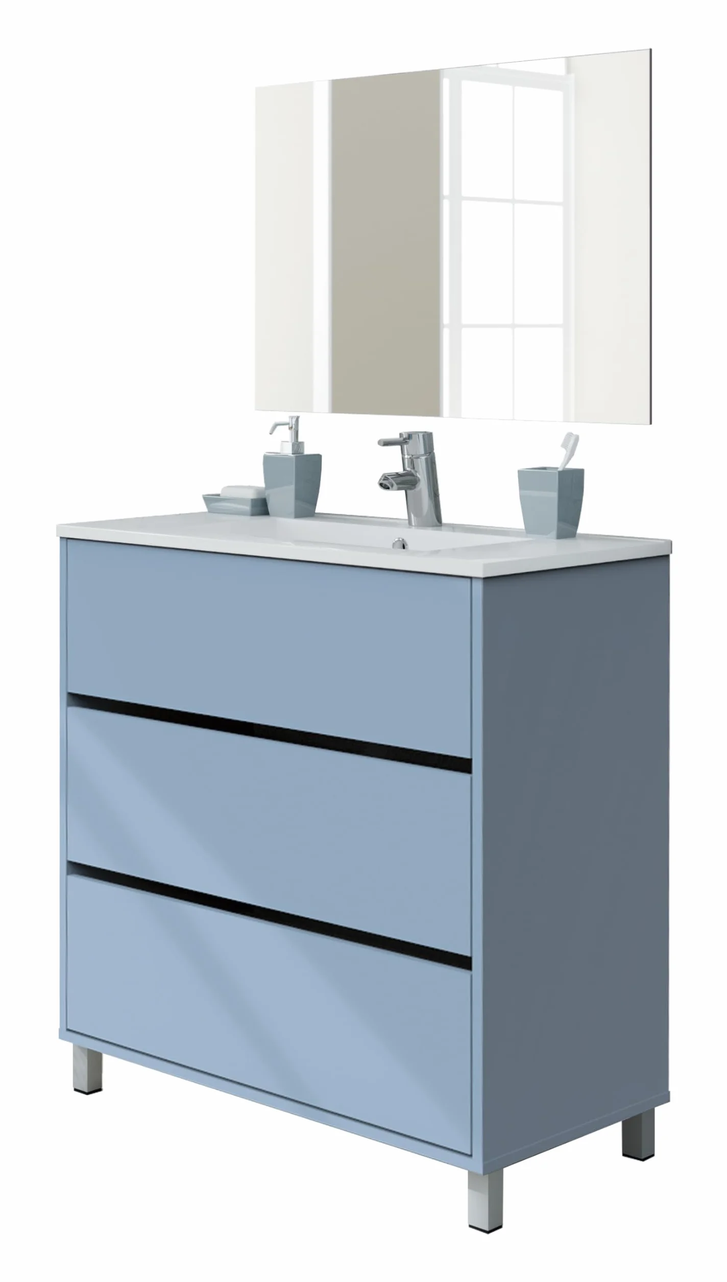 MUEBLES PITARCH | Conjunto Mueble de Baño con Lavabo cerámico y Espejo Incluido, Azul, 3 Cajones, 80cm, Ancho con Patas, Roble Cambrian, para Lavabo encastrado, Estilo Moderno Modelo Kalma