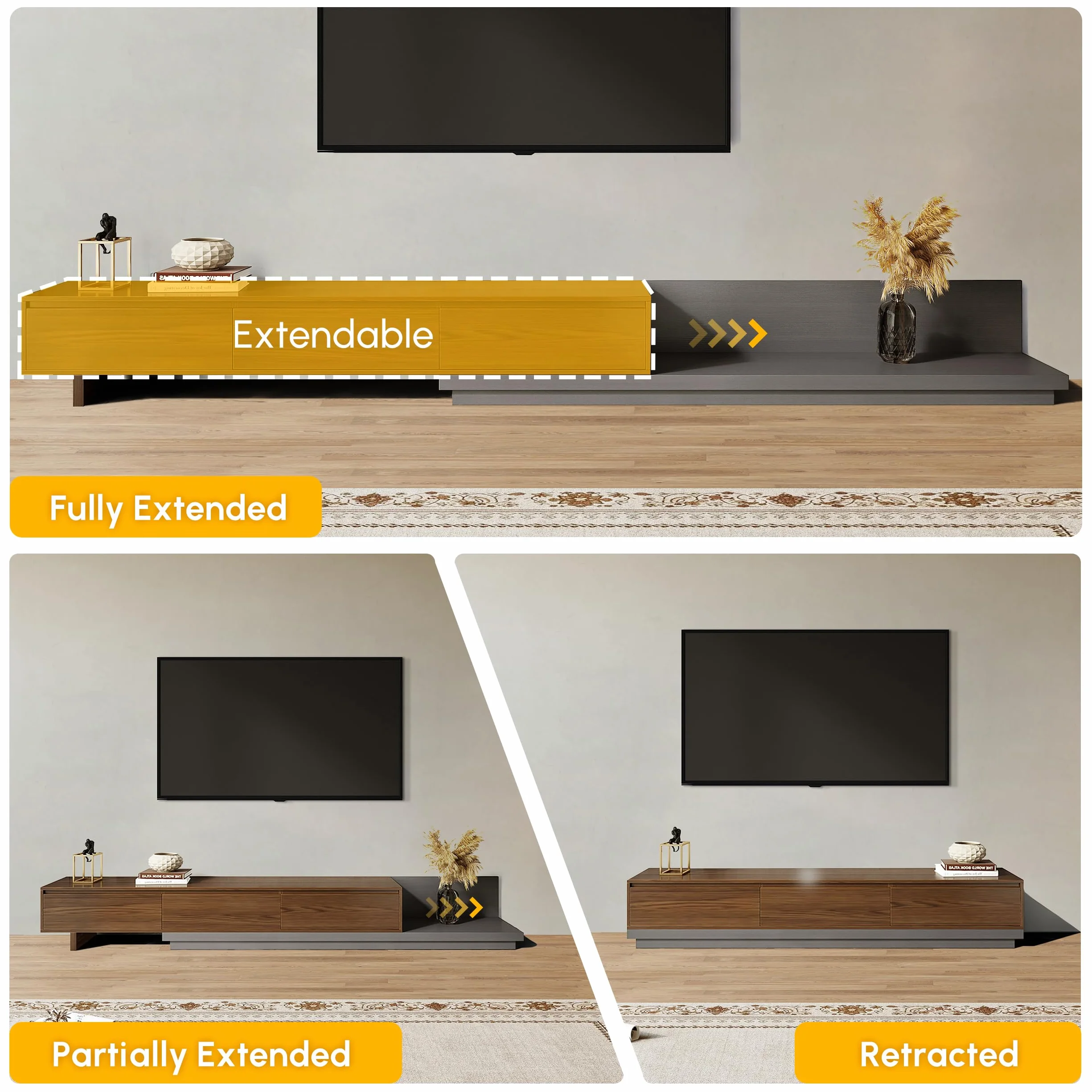 Homary Mueble TV Extensible 200–360 cm Mueble TV salón Moderno con 3 cajones Soft-Close y diseño Extensible para Muebles de salón Flexibles, Nogal y Gris