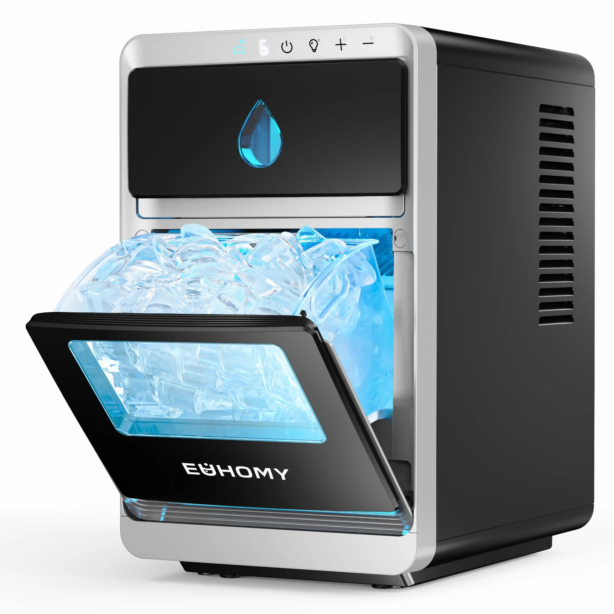 EUHOMY Maquina de Hielo, 1600 Cubos Al Día, Listo en 12 Min, Limpieza Automática, Negra
