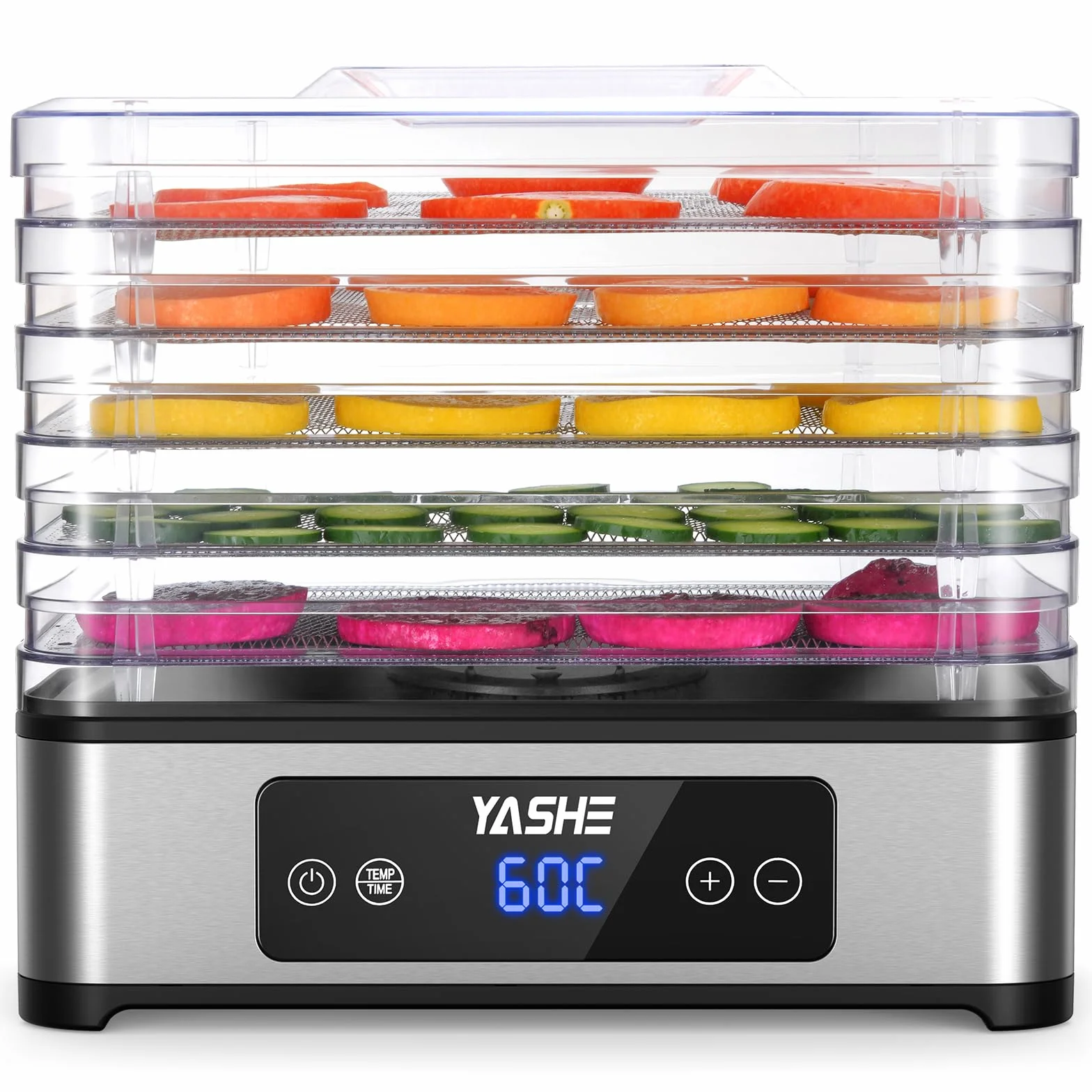 YASHE Deshidratador de Alimentos 5 Bandejas Acero Inoxidable 400W Flujo de Aire 360° Sin BPA