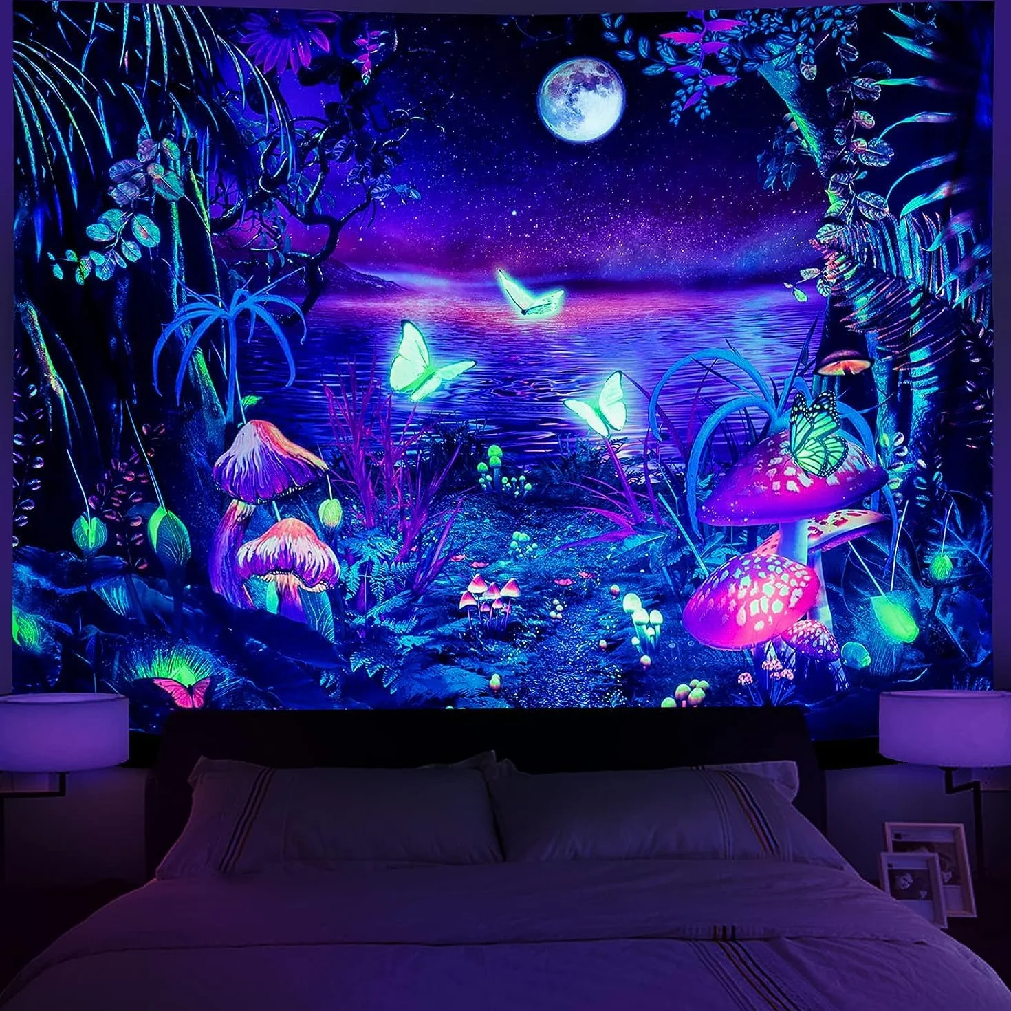 Ulticool Tapiz que Brilla en la Oscuridad Luz Negra Reactiva UV Setas Mariposas 200 x 150 cm