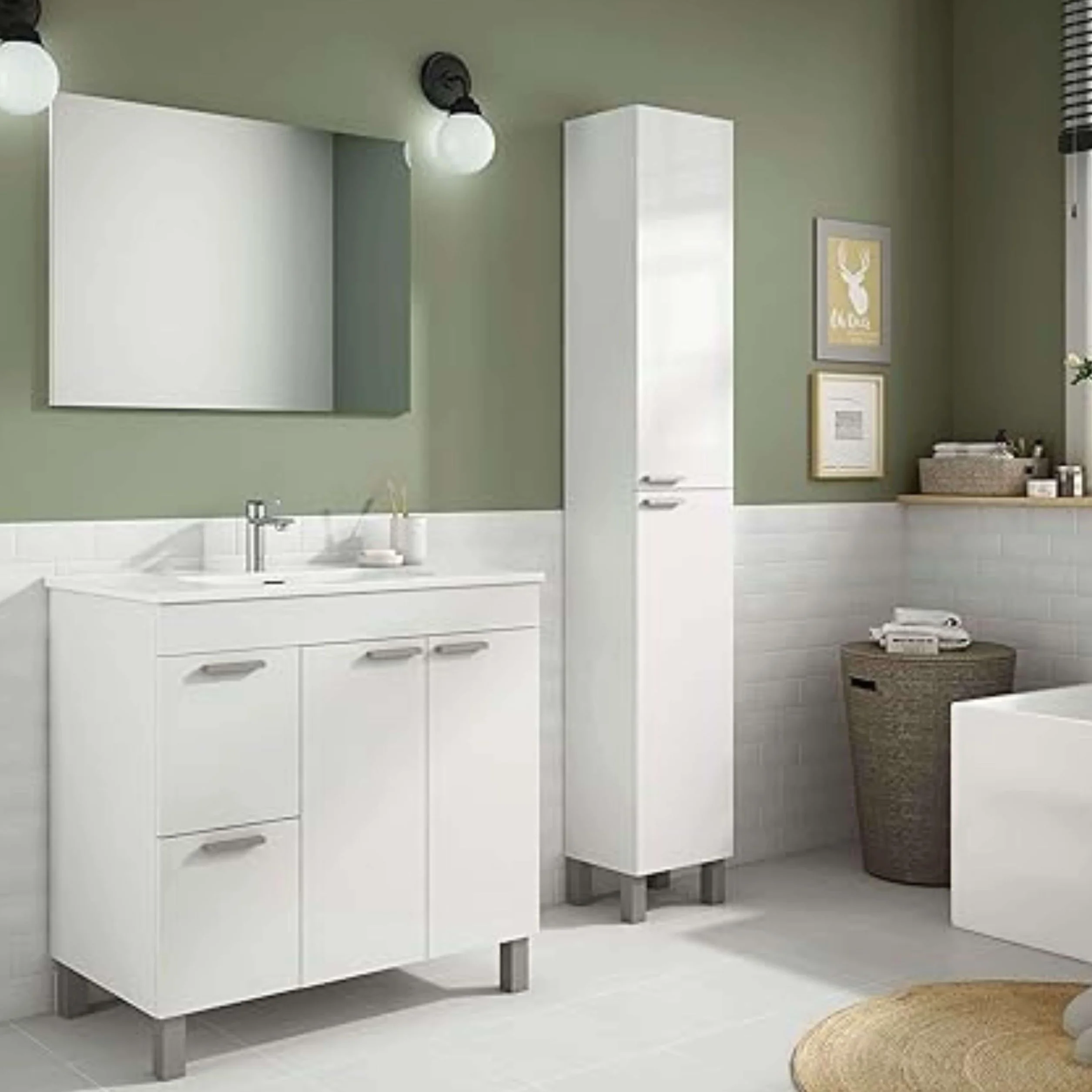 ARKITMOBEL Mueble de Baño con 2 Puertas 2 Cajones y Espejo, Módulo Baño, Color Blanco Brillo, Medidas: 80 x 80 x 45 (Alto x Ancho x Fondo, en centímetros), Modelo Aktiva (Lavabo no Incluido)