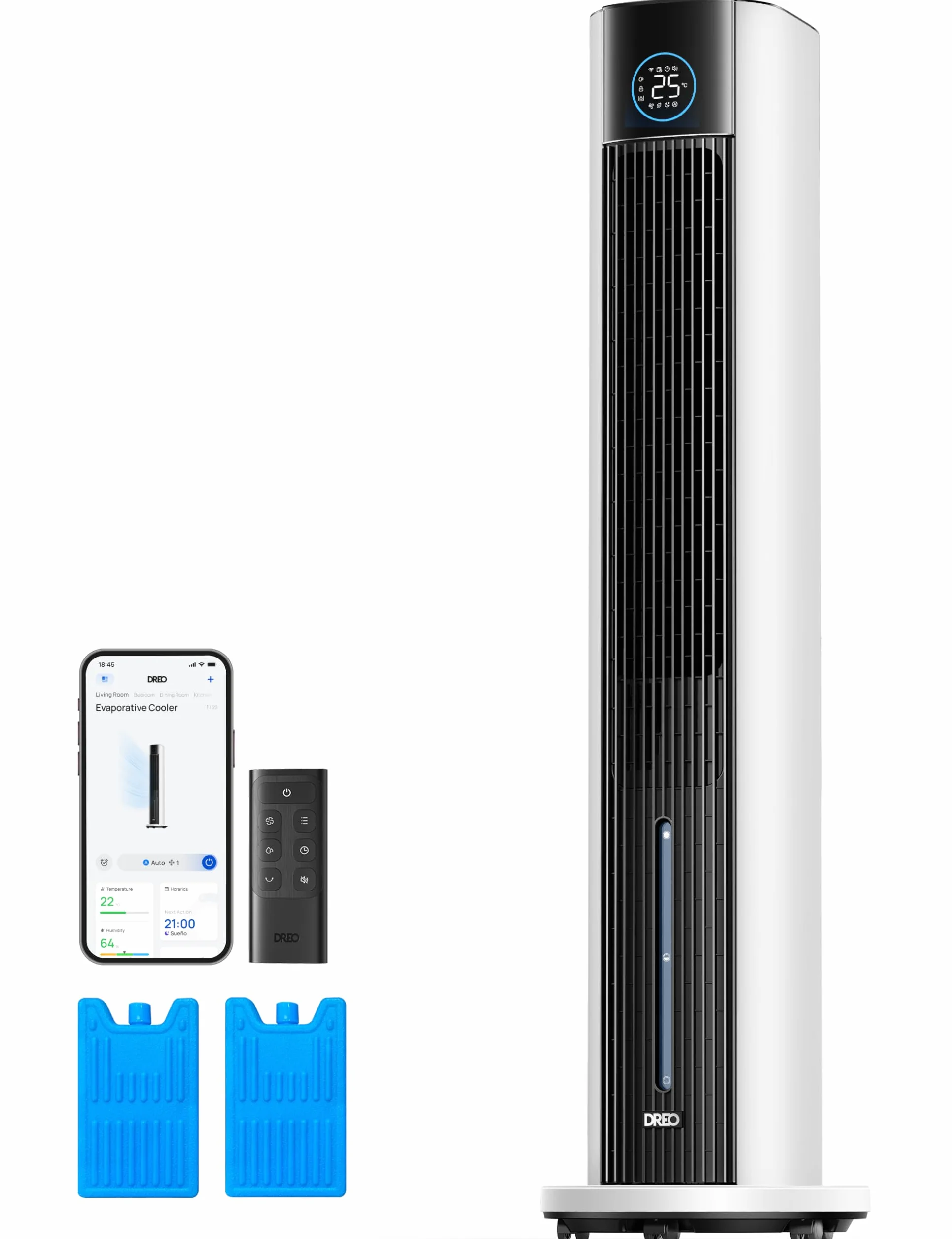 DREO Ventilador de Torre con enfriamiento por agua, enfriador 110 cm, silencioso, 4 velocidades, 4 modos, evaporativo, control app, paquete de hielo, oscilación 80°, temporizador 12 h, blanco