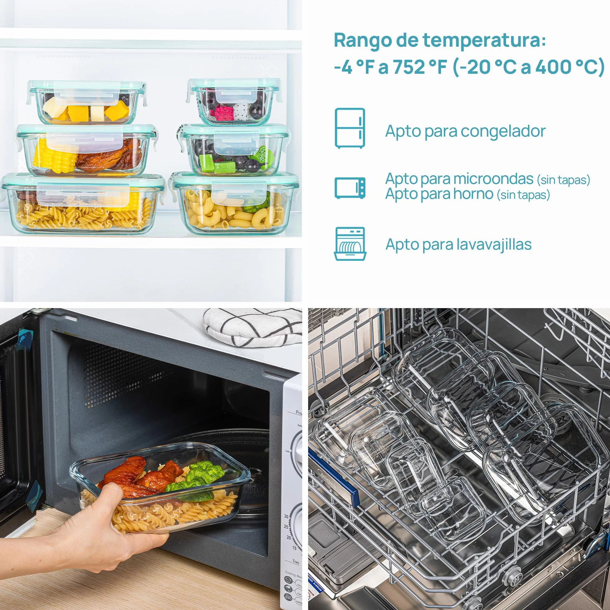 Vtopmart Set de 8 Recipientes de Cristal para Alimentos, Herméticos, Apto Lavavajillas y Microondas