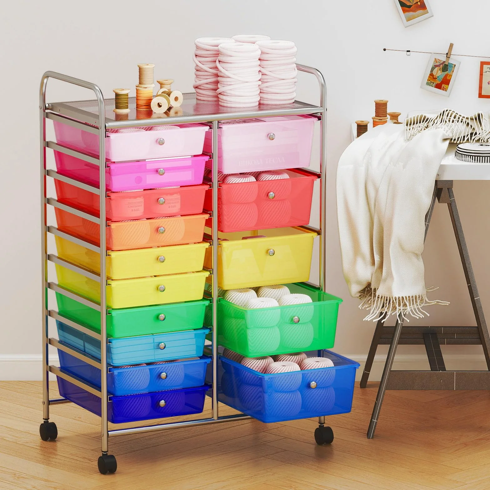 GIANTEX Carro de Almacenamiento 15 Cajones de Plástico, Cajonera con 4 Ruedas, Carrito Auxiliar con Marco de Metal, Organizador para Oficina, Salón, Cocina (Transparente Colorido)
