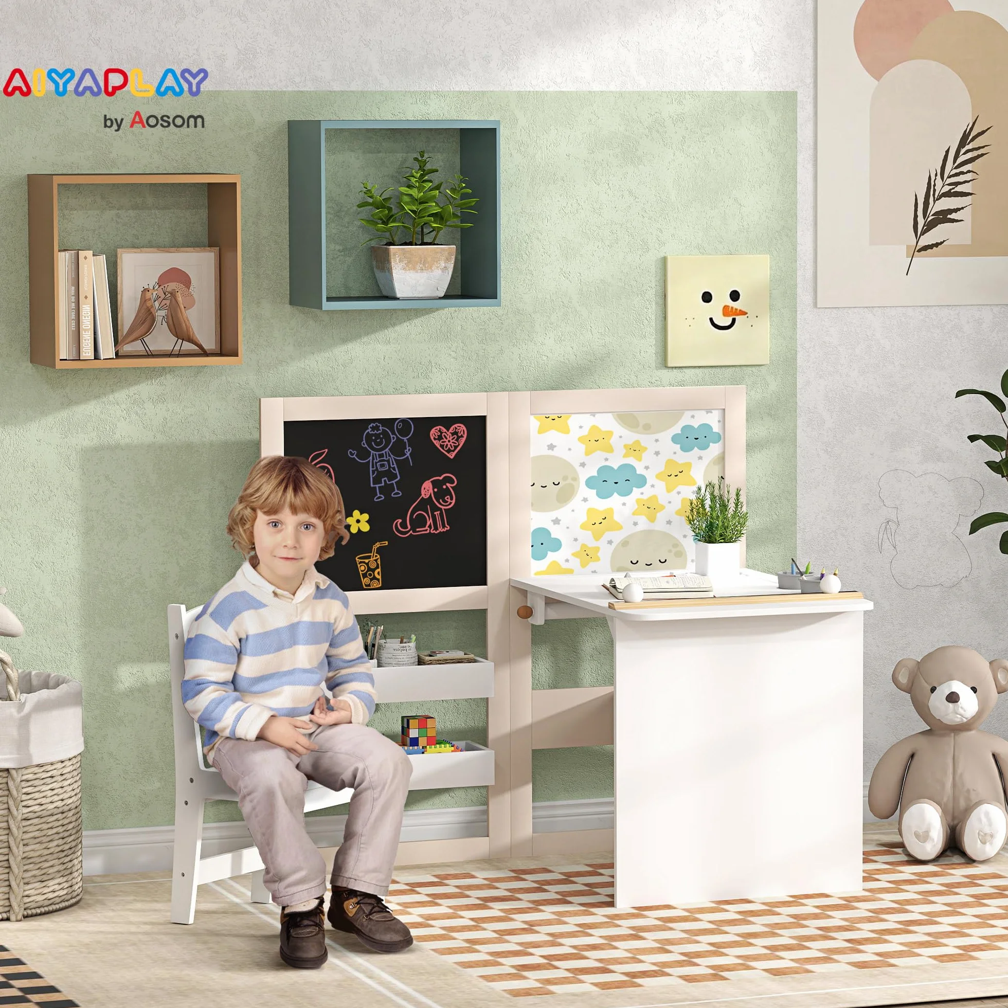 AIYAPLAY Mesa y Silla Infantil de 2 Piezas Plegable para Niños +3 Años con Estantes y Rollo de Papel Blanco