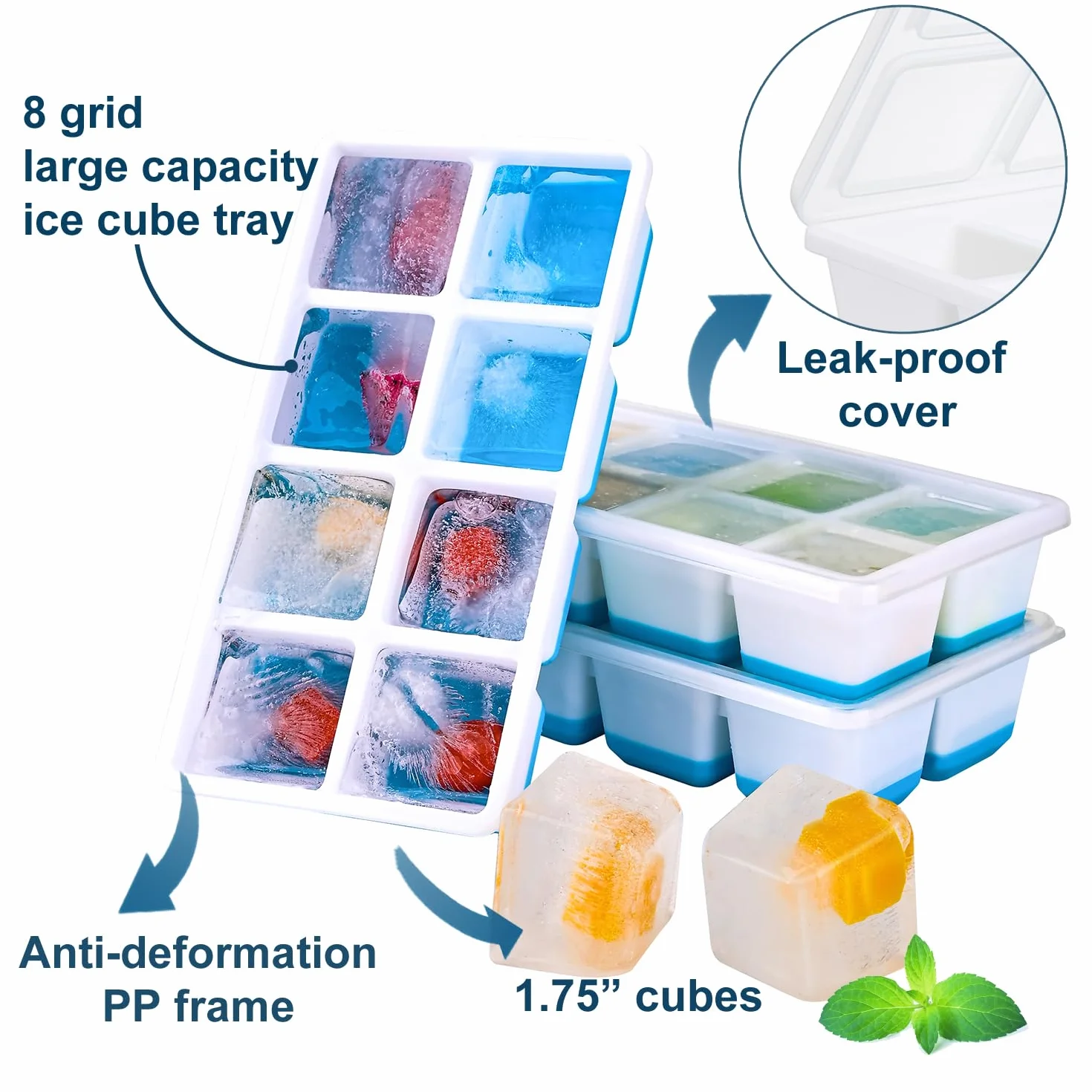 Cubitera de silicona con tapa, moldes cuadrados grandes para helados de whisky, Pack de 3 bandejas sin BPA