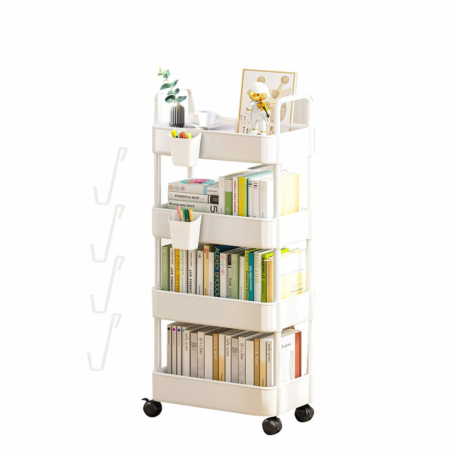 Carrito de almacenamiento móvil con ruedas de 3/4 niveles, organizador de estanterías con ruedas y ganchos, organizador de carrito de libros móvil, para cocina, lavandería, baño y oficina