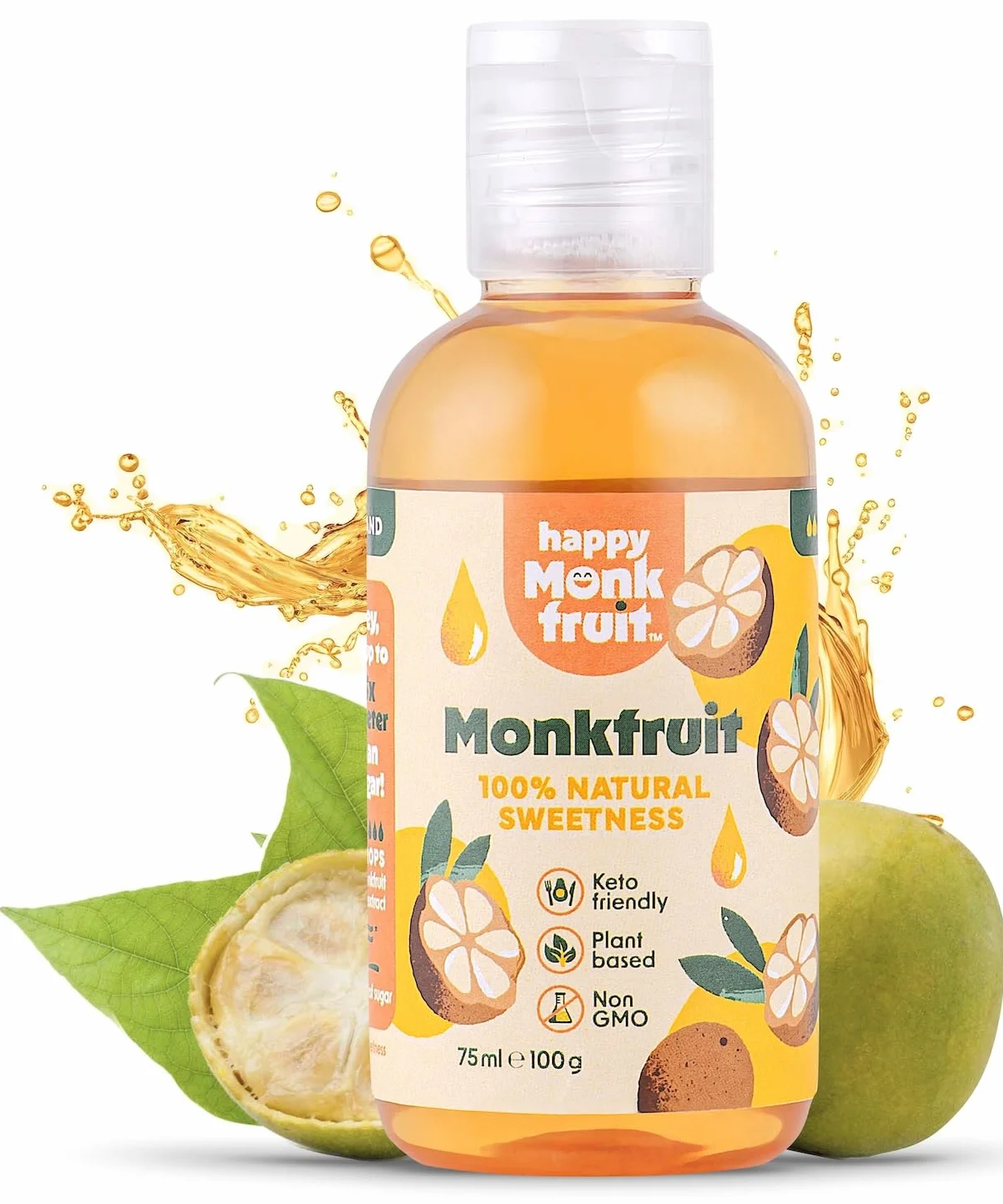 Happy Monkfruit® Fruta del Monje Gotas Edulcorante 75ml 250 Porciones 15x Más Dulce que el Azúcar Sin Eritritol ni Stevia Endulzante Natural Keto Vegano