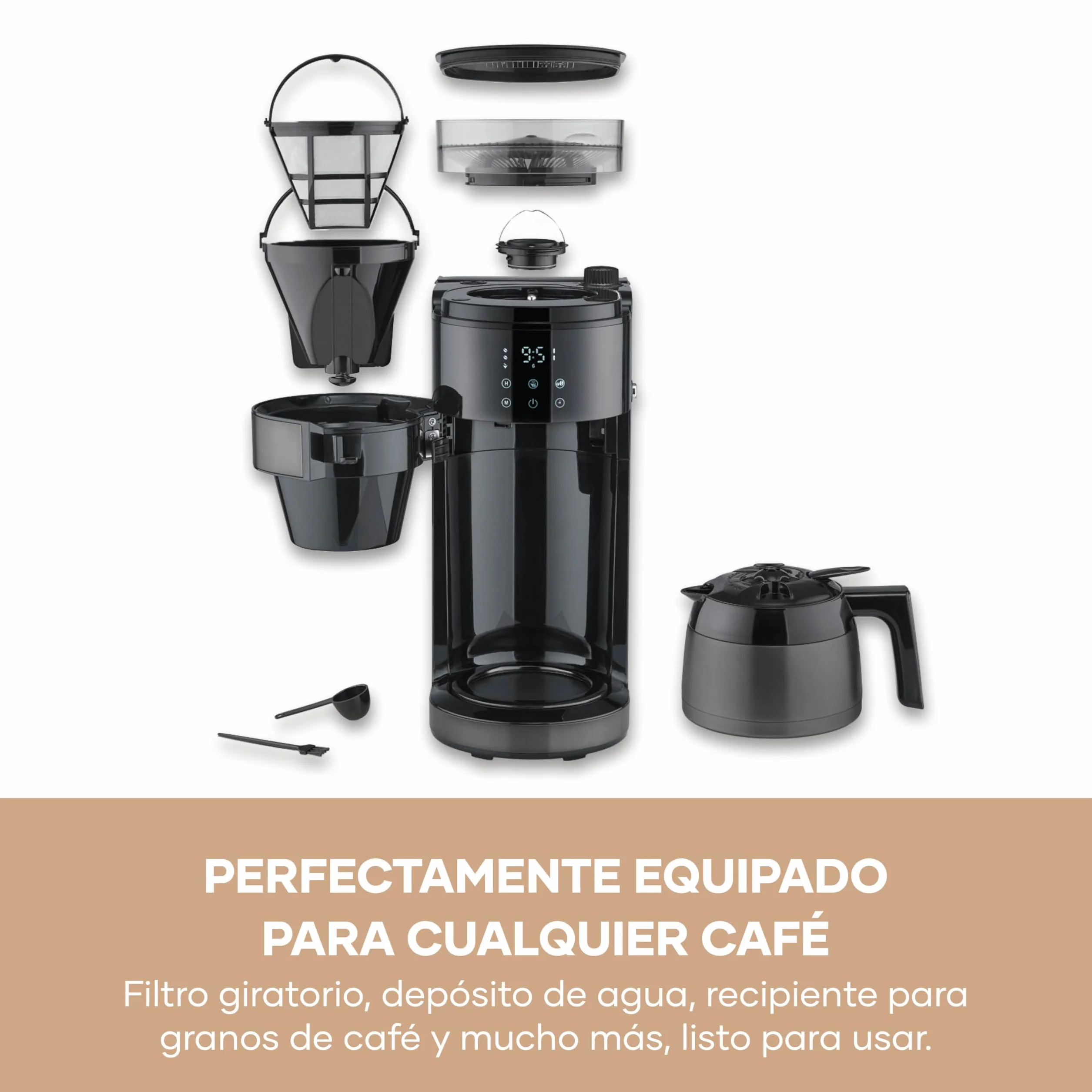 Severin de goteo con jarra térmica y molinillo, 1L de capacidad, hasta 8 tazas, sistema antigoteo, aroma intenso, apagado automática, pantalla LED, 900W, inox oscuro, negro, KA 4831