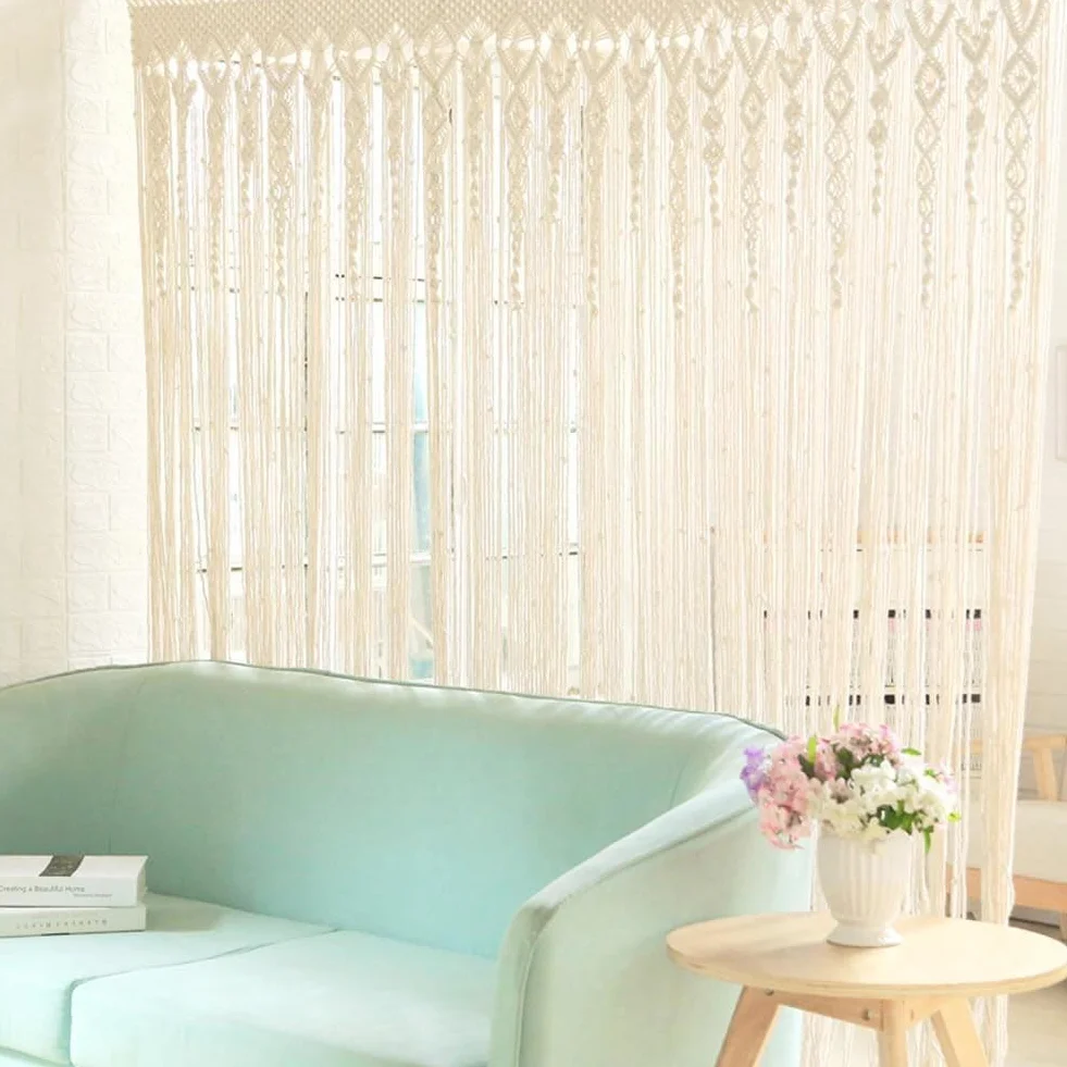Cortina de macramé de algodón 90x200 cm beige para puerta y ventana