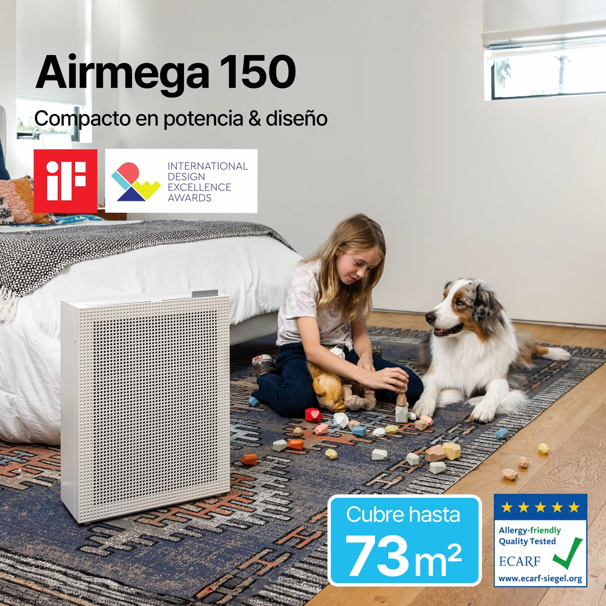 COWAY Purificador Aire, Calima Sahariana Alérgenos Mascotas, ECARF Quiet Mark, Modo Sueño 20 dB, Prefiltro Lavable, HyperCaptive 99,999% 0,01µm, CADR 281m³/h, Garantía 3 Años, Airmega 150, Bianco
