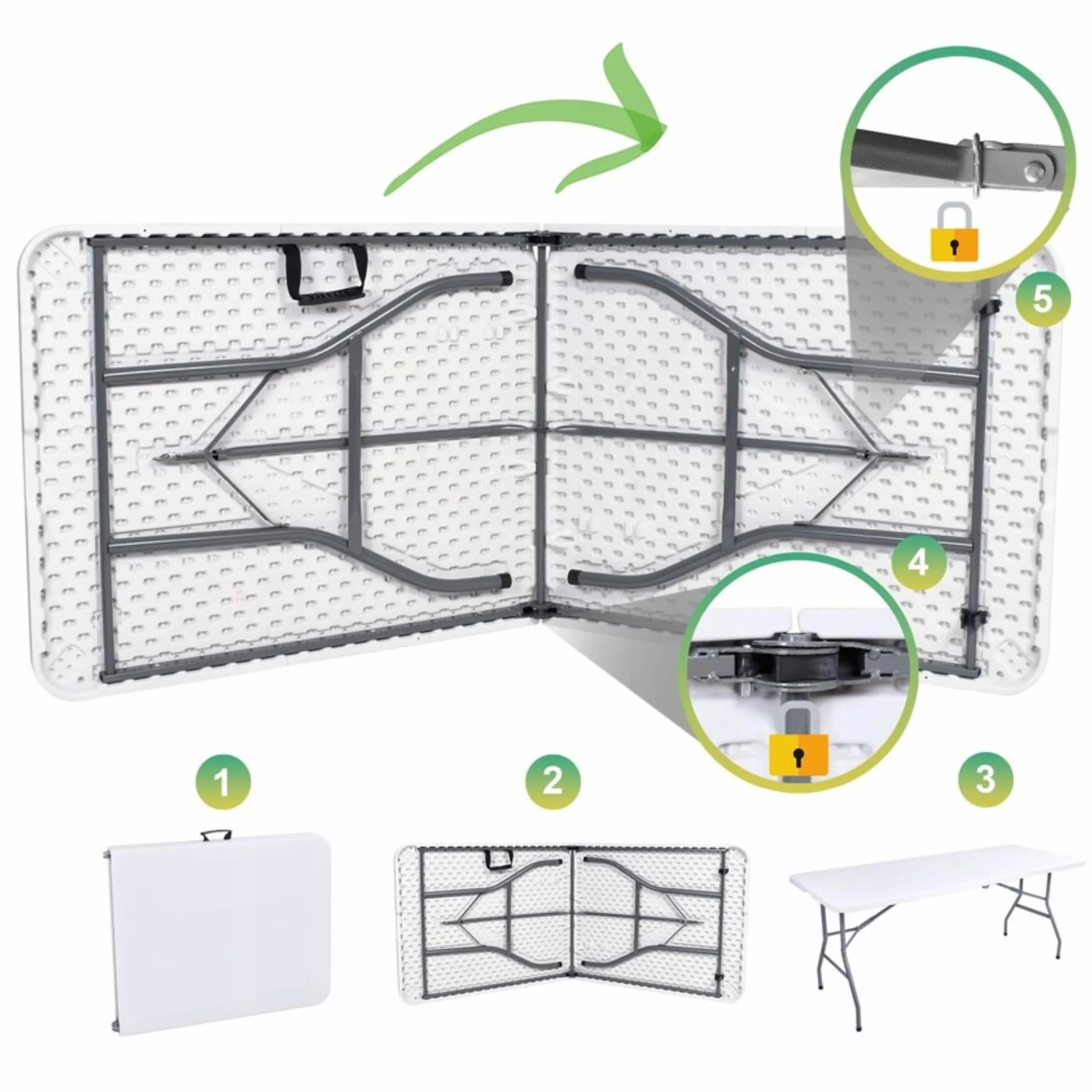Pack Mesa Plegable 180 cm + 6 Sillas Blancas Plegables - Conjunto Mobiliario Multiusos - Estructura Hierro Reforzado - Ideal Formación, Catering y Oficinas - Pack para Eventos Profesional