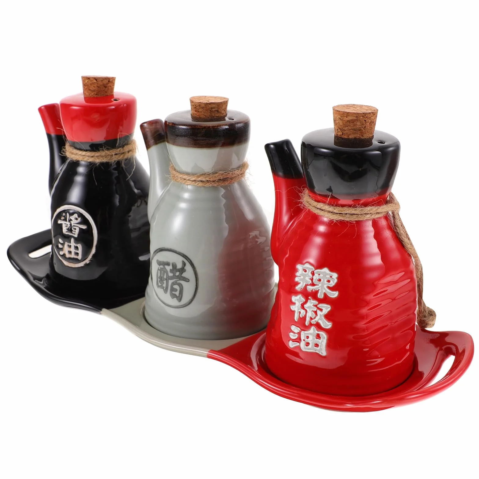 Dispensador de Vinagre y Salsa de Soja Japonés de Cerámica con Tapa de Corcho y Bandeja, Capacidad 200ml para Uso Diario en Cocina