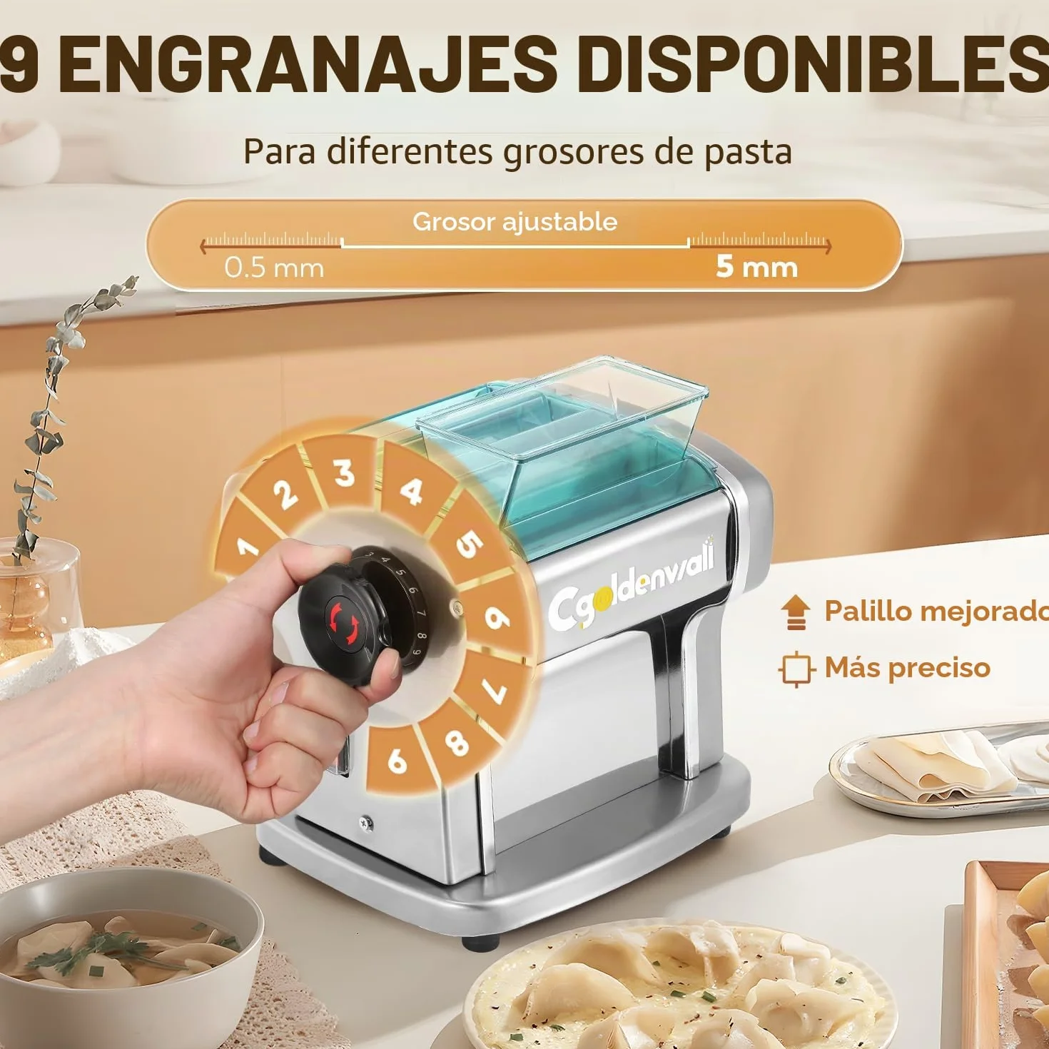 CGOLDENWALL Máquina de Pasta Eléctrica Fresca, Motor de 135W con 2 Cuchillas (2.5 mm/4 mm) y 9 Grosores Ajustables de 0.5-5 mm, Protectora de ABS, Acero Inoxidable para Hacer Espaguetis