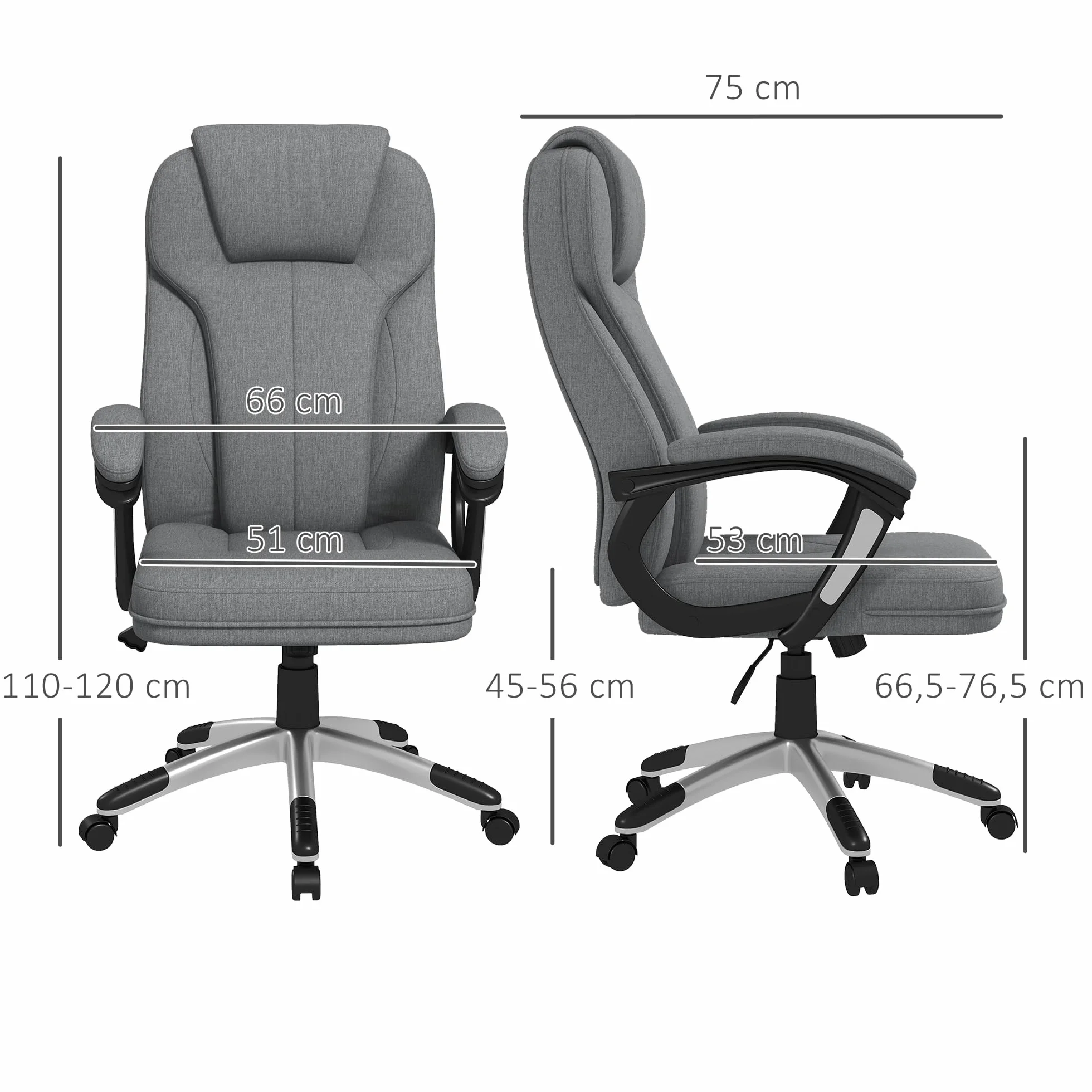 Vinsetto Silla de Oficina Ergonómica Giratoria Tapizada en Tela con Respaldo Alto y Reposabrazos Ajustable 66x75x110-120 cm Gris