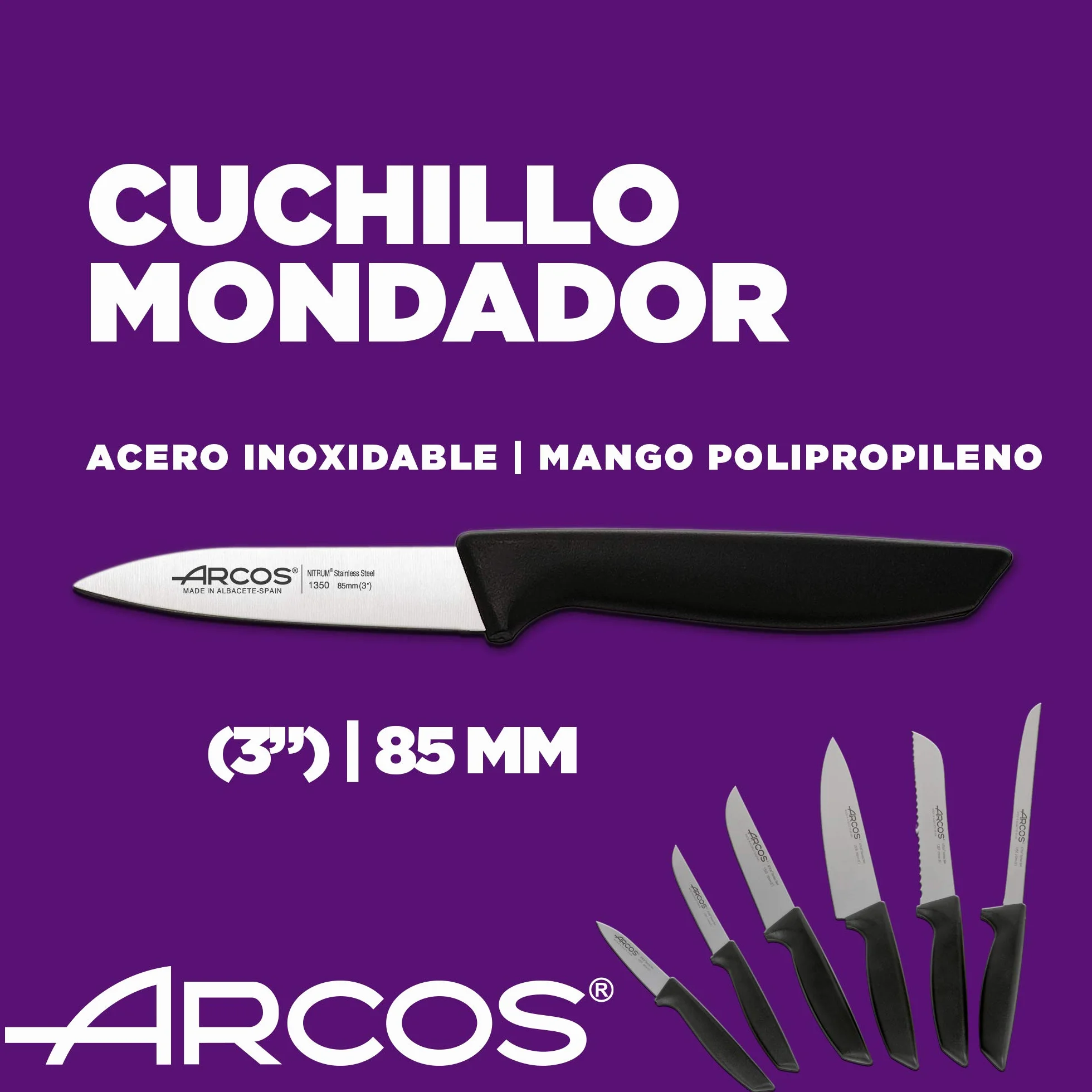 Arcos Juego Cuchillos Cocina Profesional 6 pzas Acero Inoxidable Mango Negro Serie Niza