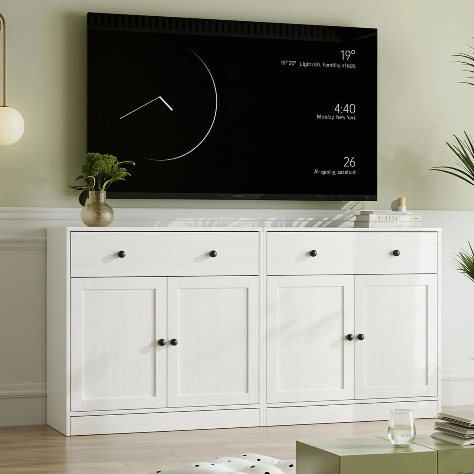VOWNER Grande Mueble de TV para Televisores de hasta 70 Pulgadas, 280 x 180,3 x 40 cm, Mesa de TV, Módulo TV, Mueble de Salón Moderno con Cajones y Puertas de Cristal, 2A+2D (Blanco)