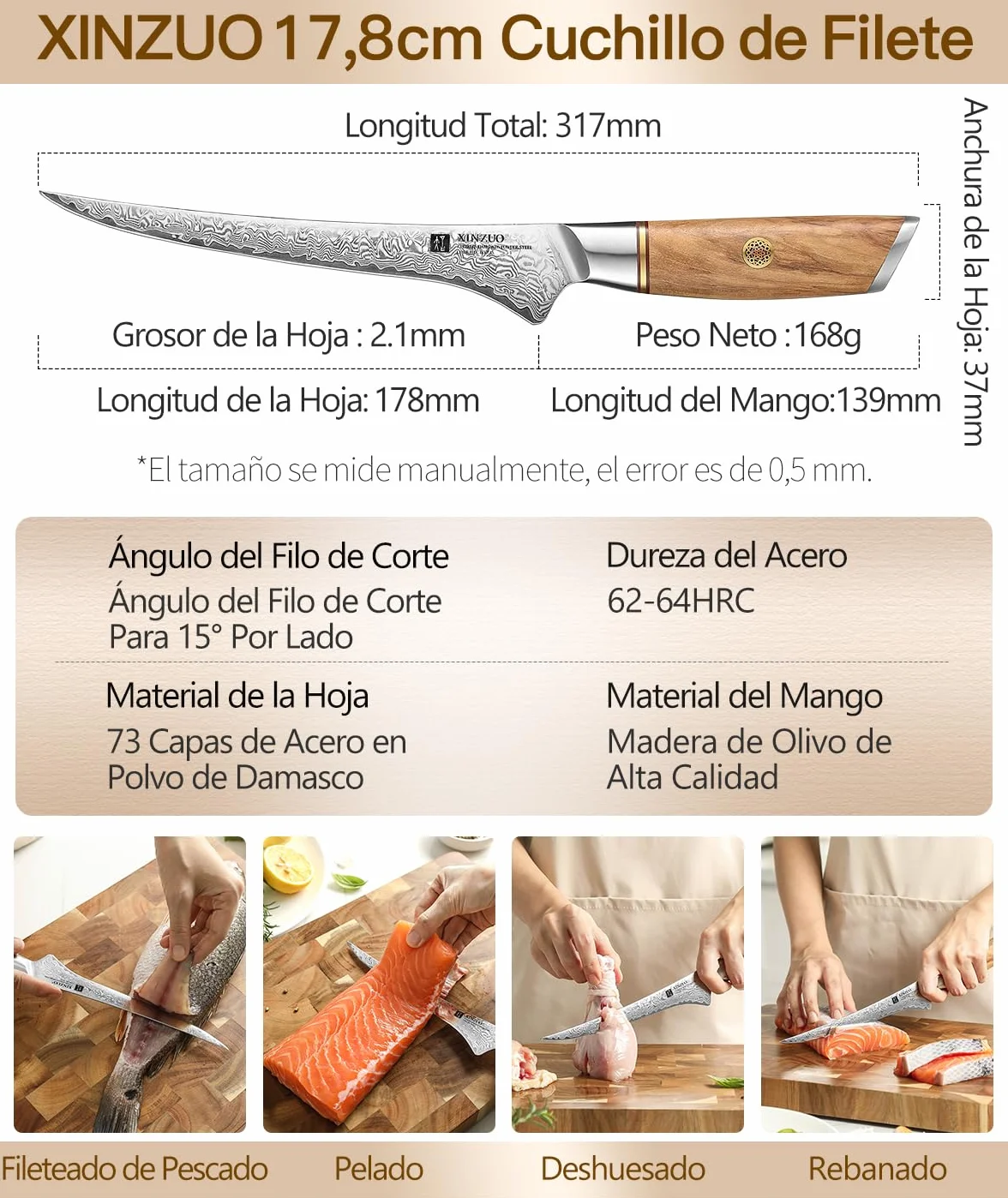 XINZUO Cuchillo de Filete 17,8cm Acero Damasco 73 Capas Mango Olivo