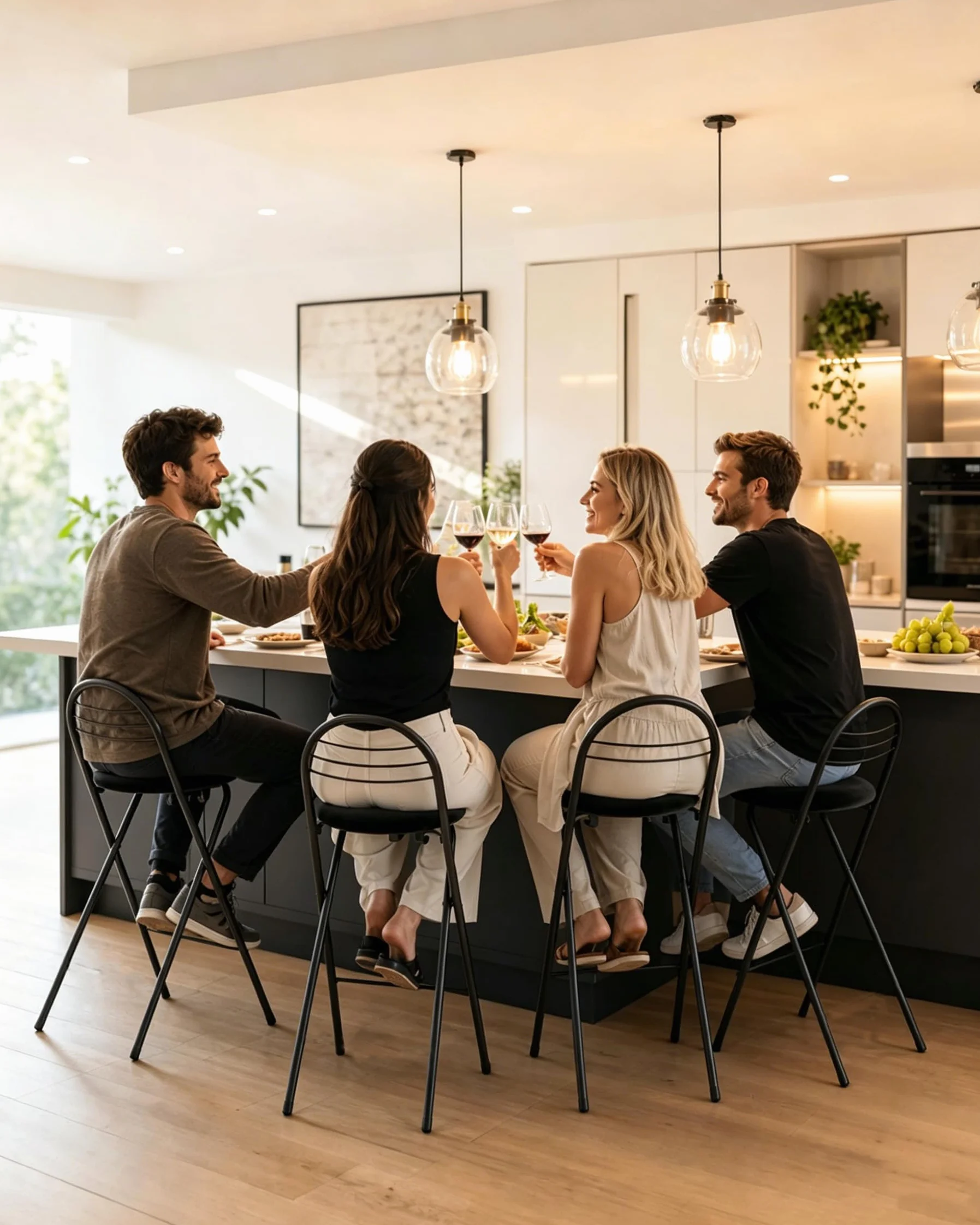 Taburete de Bar Plegable con Respaldo, Pack de 4 Taburetes Cocina Altos de Terciopelo sin Montaje Silla Alta Mostrador, Banqueta para Barra Casa, Negro