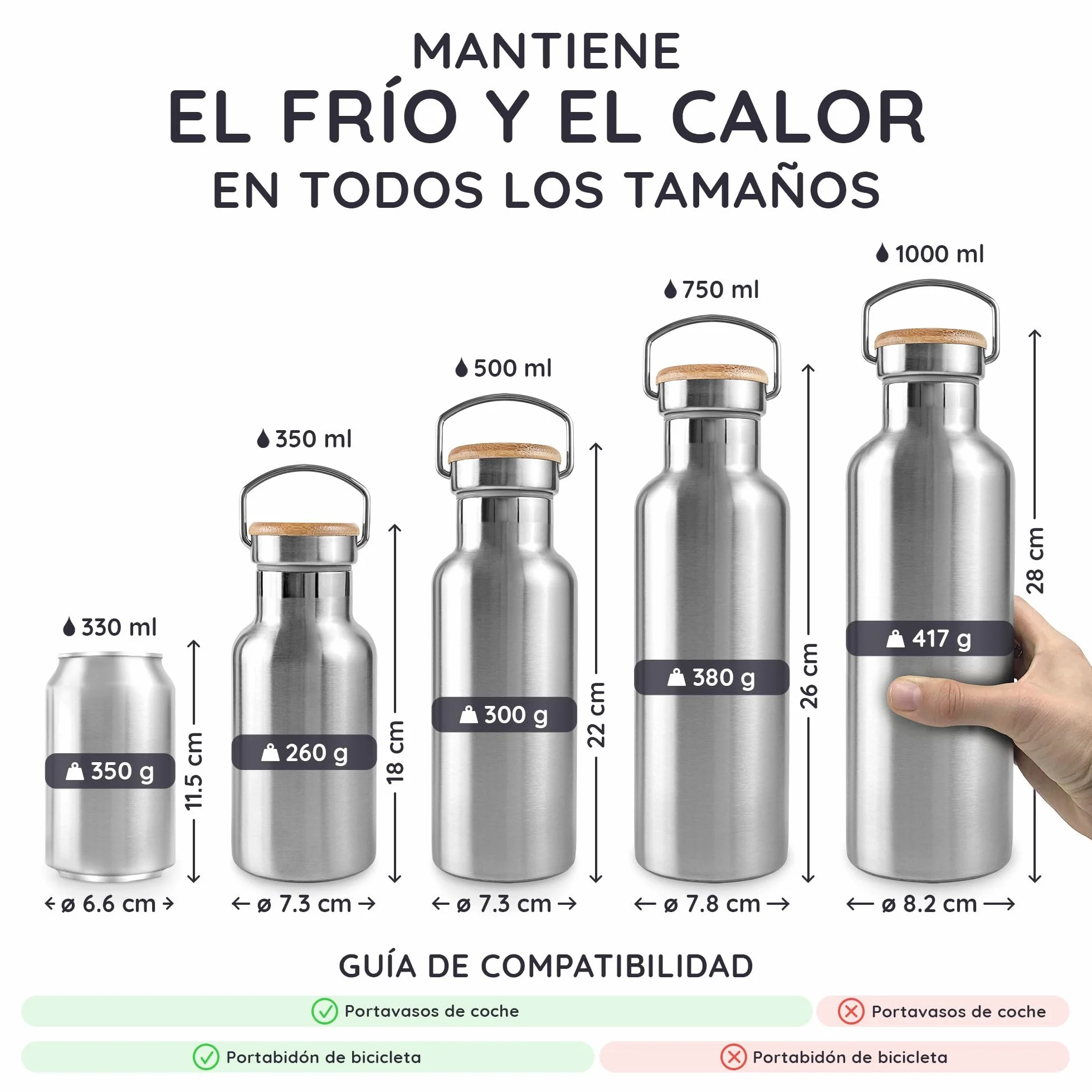 Bambaw Botella Acero Inoxidable 1 Litro Termica Mantiene Bebidas Frías 24h Calientes 12h Metálica Isotermica con Asa