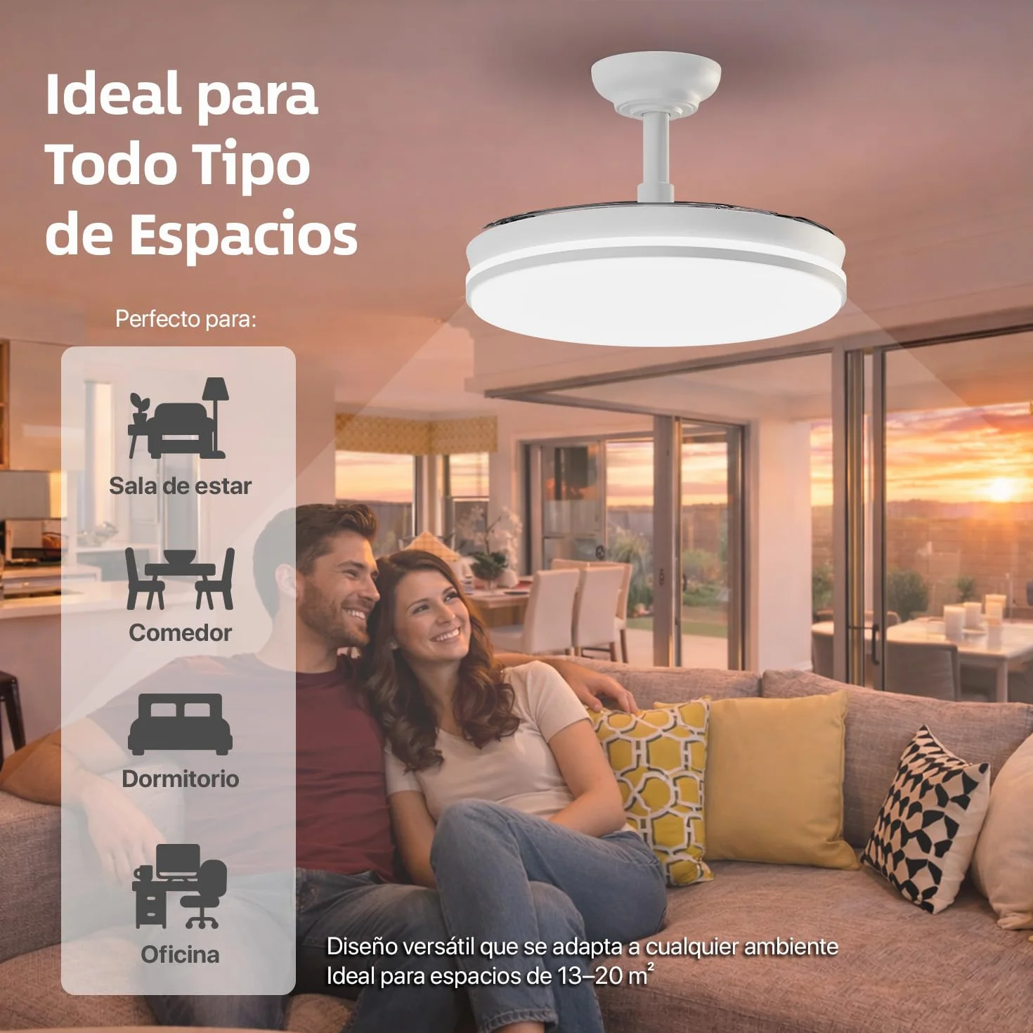 Ventilador de techo con luz LED 3 aspas retráctiles Motor DC 30W+42W 6 velocidades temporizador 3 temperaturas de luz silencioso 50CM