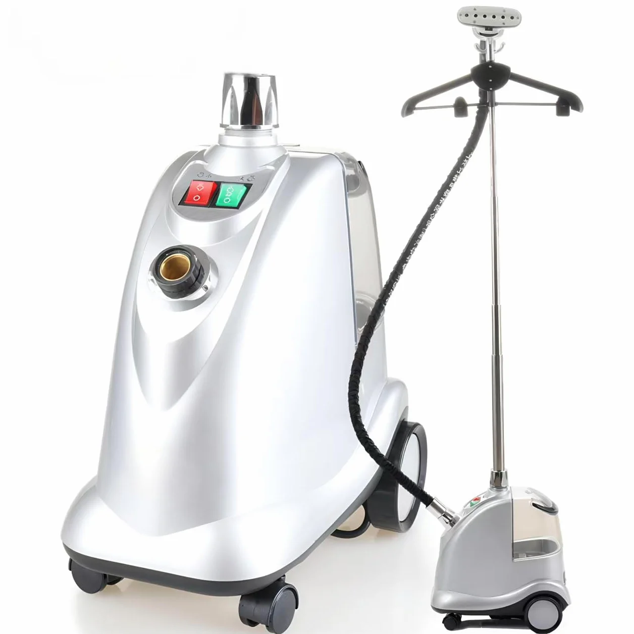 Vaporizador y plancha de vapor de 2200 W, vaporizador de pie para ropa, eliminador de arrugas amortiguador, plancha de vapor vertical con ruedas y depósito de agua de 3 l, cepillo de vapor profesional