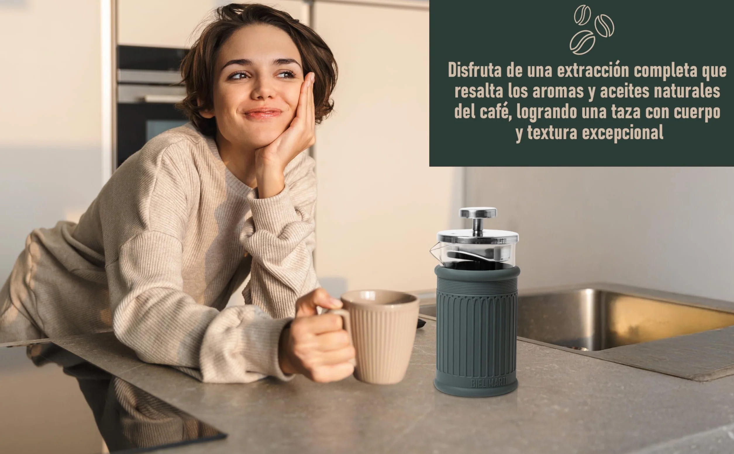 Cafetera de Prensa Francesa, 350 ml, Vidrio Borosilicato, Funda de Silicona Térmica,french press,cafetera de embolo (gris)
