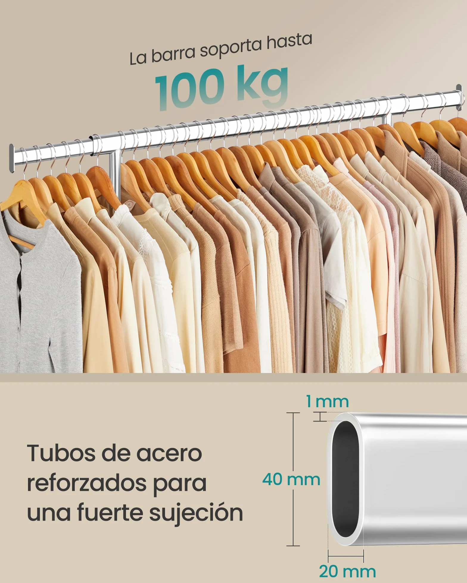SONGMICS Burro Ropa con Ruedas Extensible 100 kg 45 x 92-132 x 161,5 cm Plata HSR13S