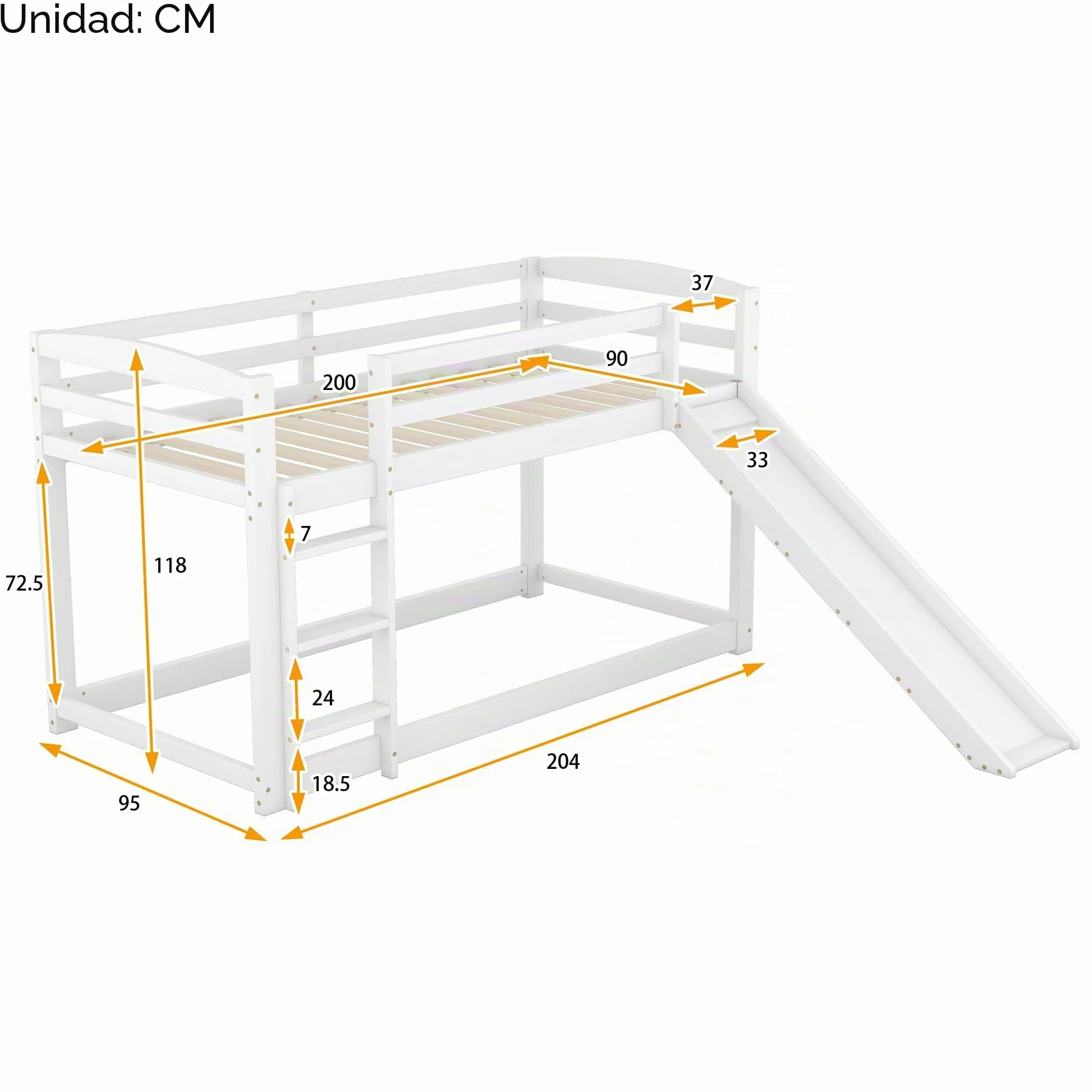 Idemon litera para niños y jóvenes, cama infantil con tobogán, estructura de madera maciza, montaje sencillo, 90x200 cm (blanco)